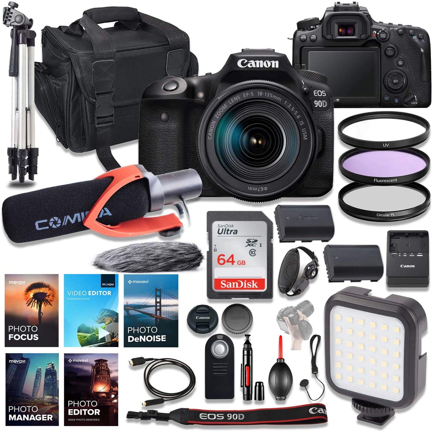 Canon EOS 90D DSLR Camera with 18-135mm USM Nano Lens Kit - Professional Photography & Videography Bundle Includes 64GB Memory Card, LED Light, Filters, Tripod & Software - Perfect for Travel, Vlogging, Portrait & Wildlife Photography