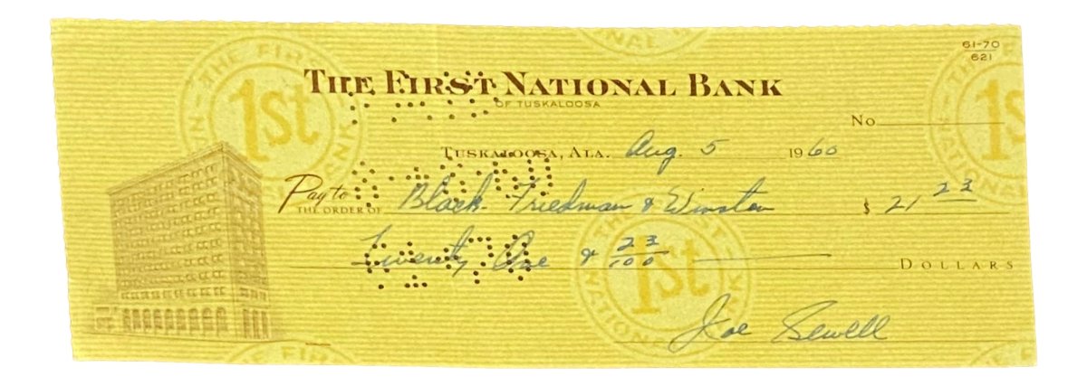 Joe Sewell Cleveland Indians Autographed Signed Bank Check Dated August 5, 1960 - Rare Baseball Memorabilia for Collectors & Sports Fans Display