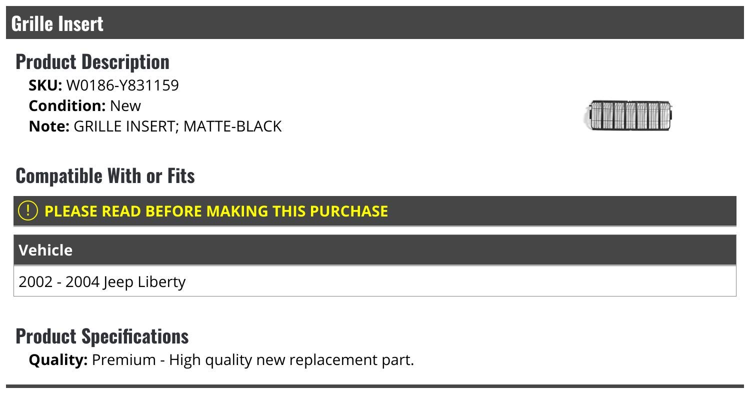 2002-2004 Jeep Liberty Matte Black Grille Insert - Replacement Grille for Enhanced Style & Protection - Perfect for Off-Roading & Custom Car Modifications