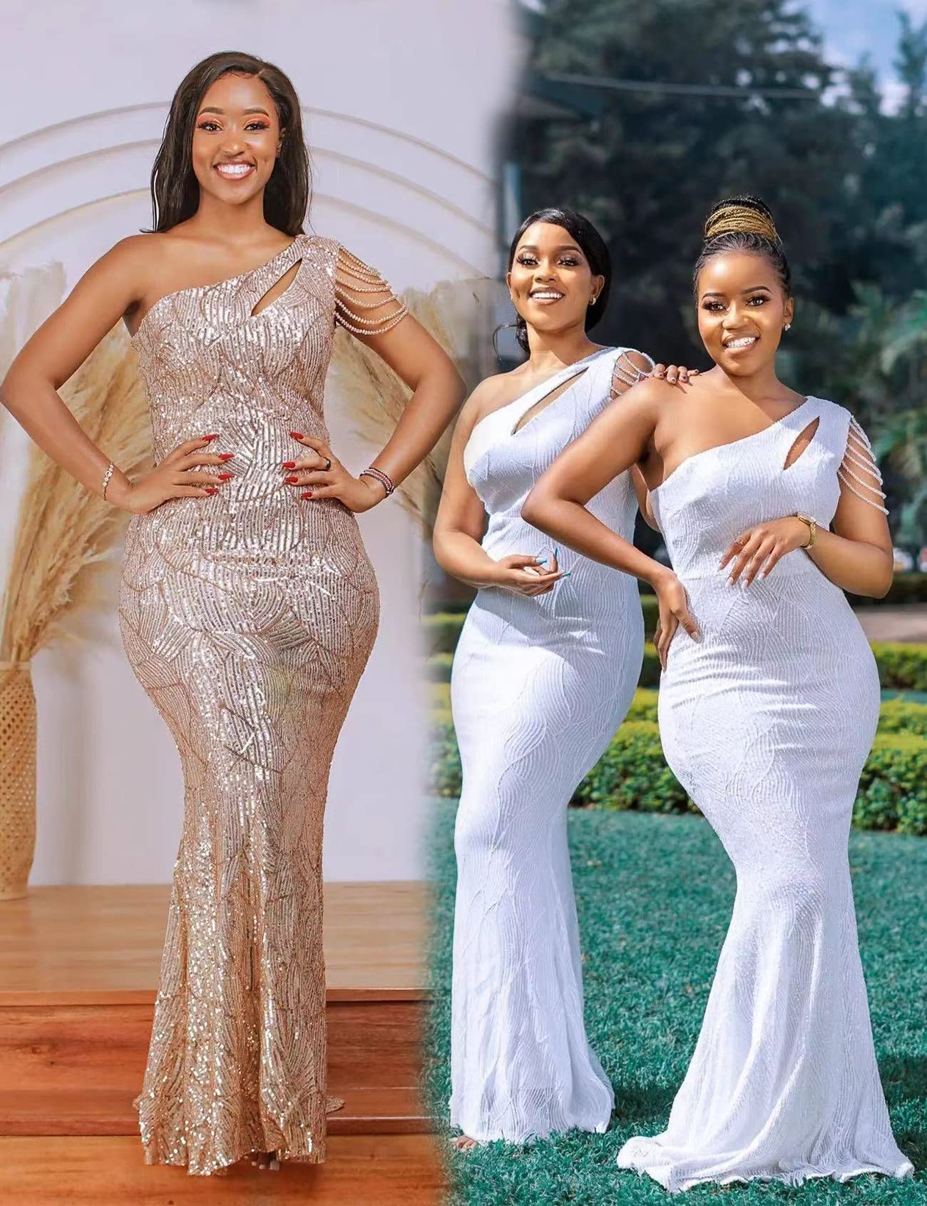 Elegant Sequin One Shoulder Maxi Dress for Women - Beaded Formal Gown for Wedding Guest, Evening Party & Special Occasions
