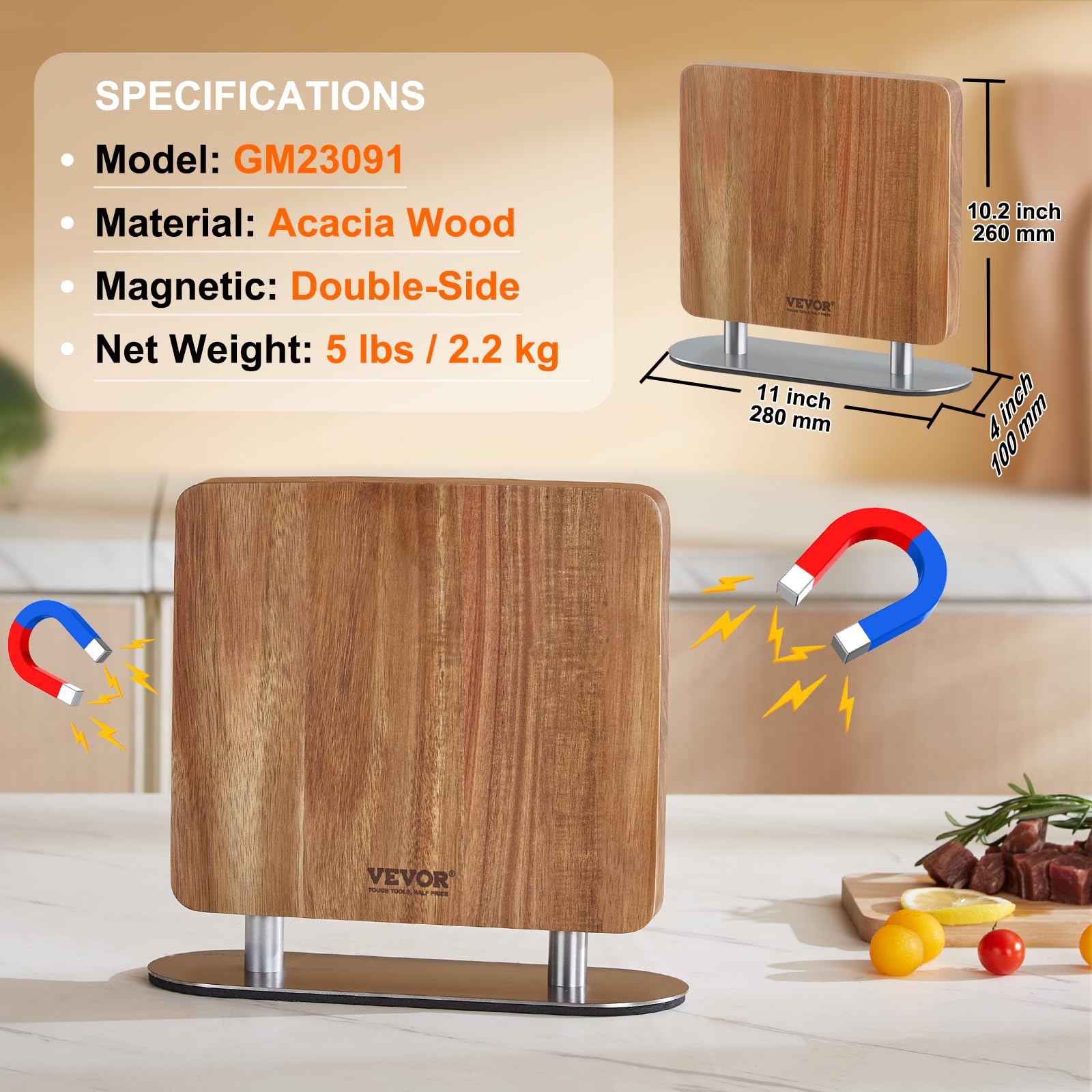 VEVOR 10-Inch Magnetic Knife Block - Double Sided Acacia Wood Knife Holder for Kitchen, Cutlery Display & Storage Organizer - Perfect Christmas Gift for Home Chefs & Cooking Enthusiasts (Great for Countertop Organization & Stylish Kitchen Decor)
