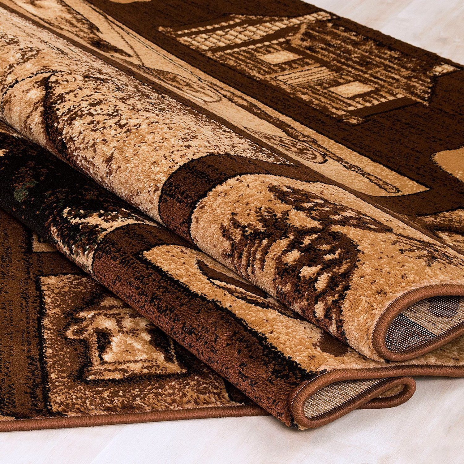 Country Themed Area Rug - Fish, Bear & Elk Cabin Design in Brown/Tan - 7'7