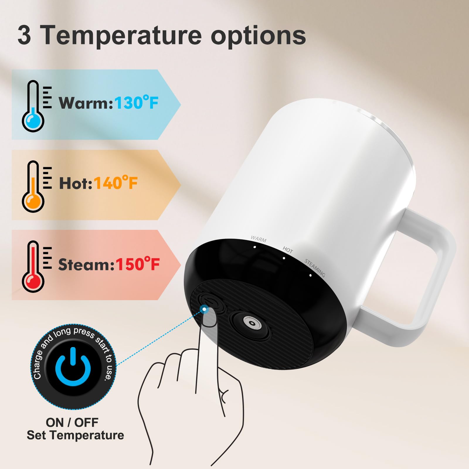 VSITOO Smart Temperature Control Heated Coffee Mug - 14oz Rechargeable Travel Mug with APP Control, LED Display & Auto Warm Feature - Perfect for Office, Home & Outdoor Use (White)