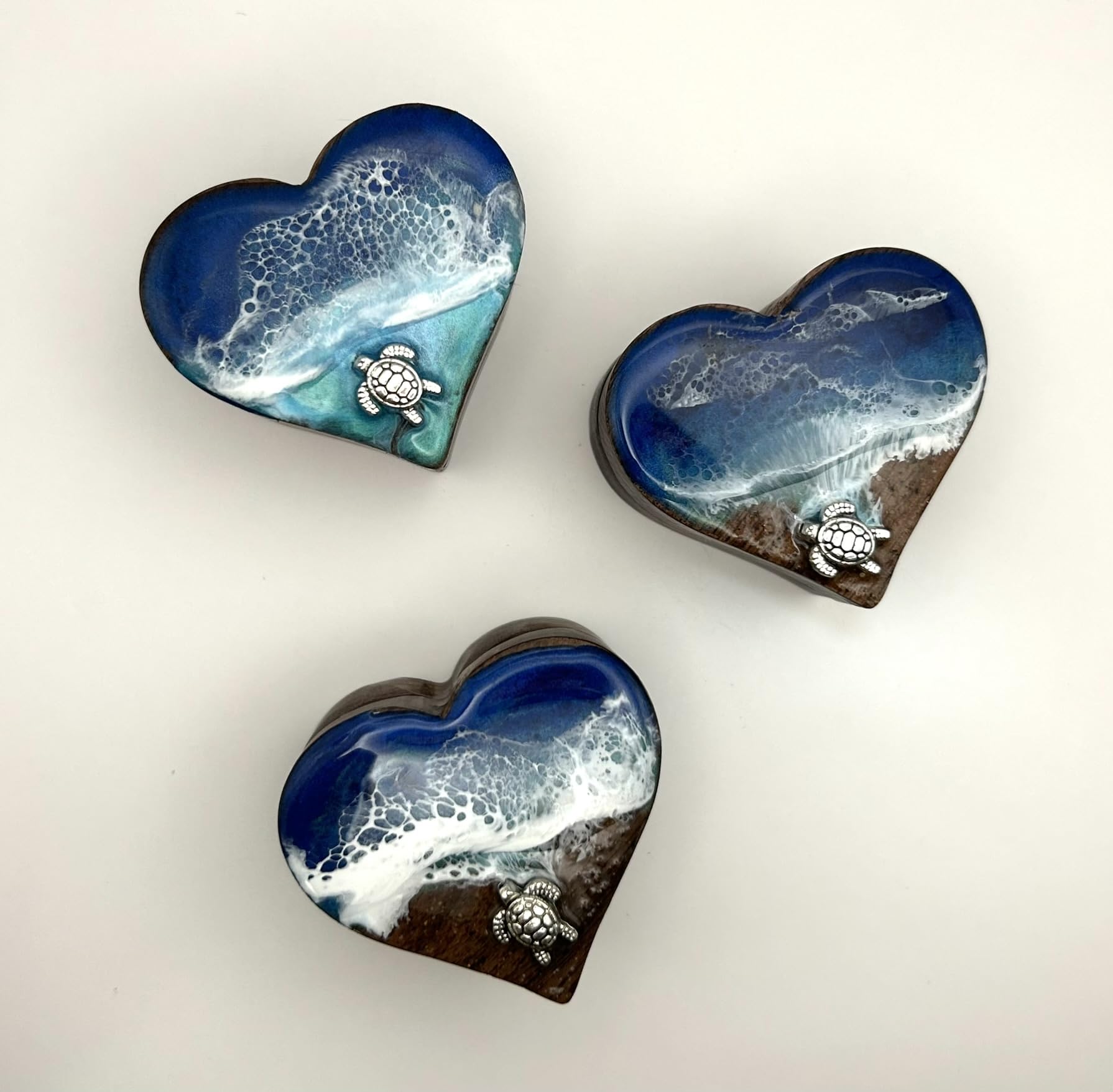 Ocean Resin Art Heart Ring Box - Walnut Wood Jewelry Box with Turtle Charm & Ocean Blues Design - Perfect for Wedding Proposals, Engagement Ceremonies, Valentine's Gifts & Beach-Themed Weddings