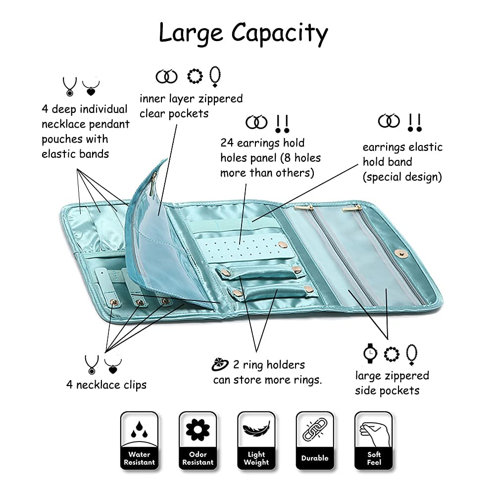 Portable Travel Jewelry Organizer Case - Hanging Jewelry Storage Bag for Women | Earrings, Necklaces & Bracelets Holder | Free Toiletry Bag Included | Perfect for Vacation, Business Trips & Daily Organization