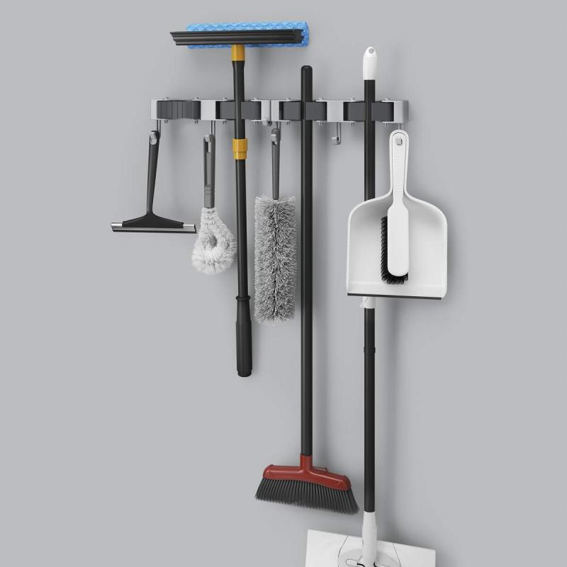 Wall Mounted Tool Organizer Set of 2 - Heavy Duty Broom & Mop Holder with Hooks for Garage, Kitchen, or Utility Room Storage