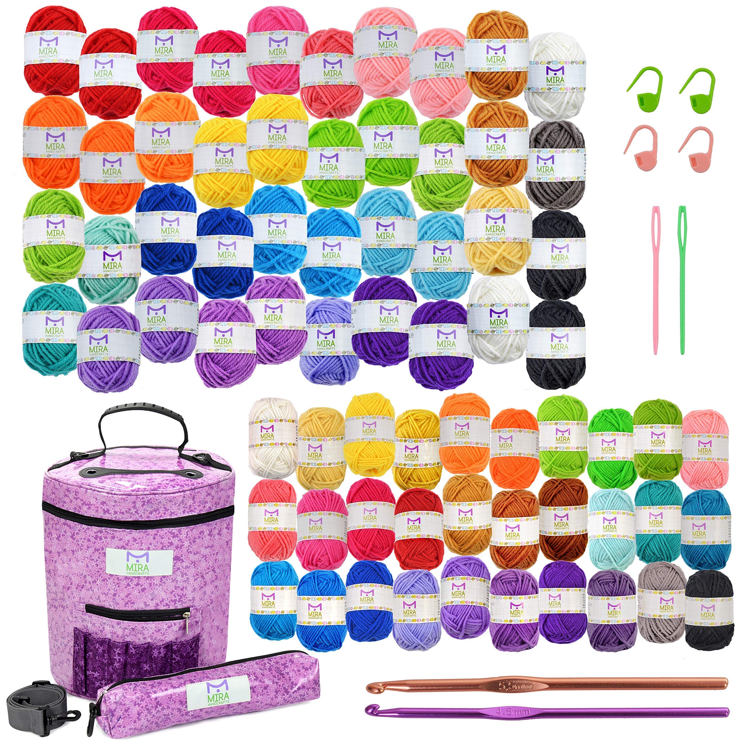 Complete Crochet Craft Kit with 70 Mini Yarn Skeins, Deluxe Yarn Bag Organizer, Crochet Hooks & Accessories - Includes 7 PDF Ebooks for Beginners & Advanced Crocheters - Perfect for DIY Projects, Gifts & Home Decor
