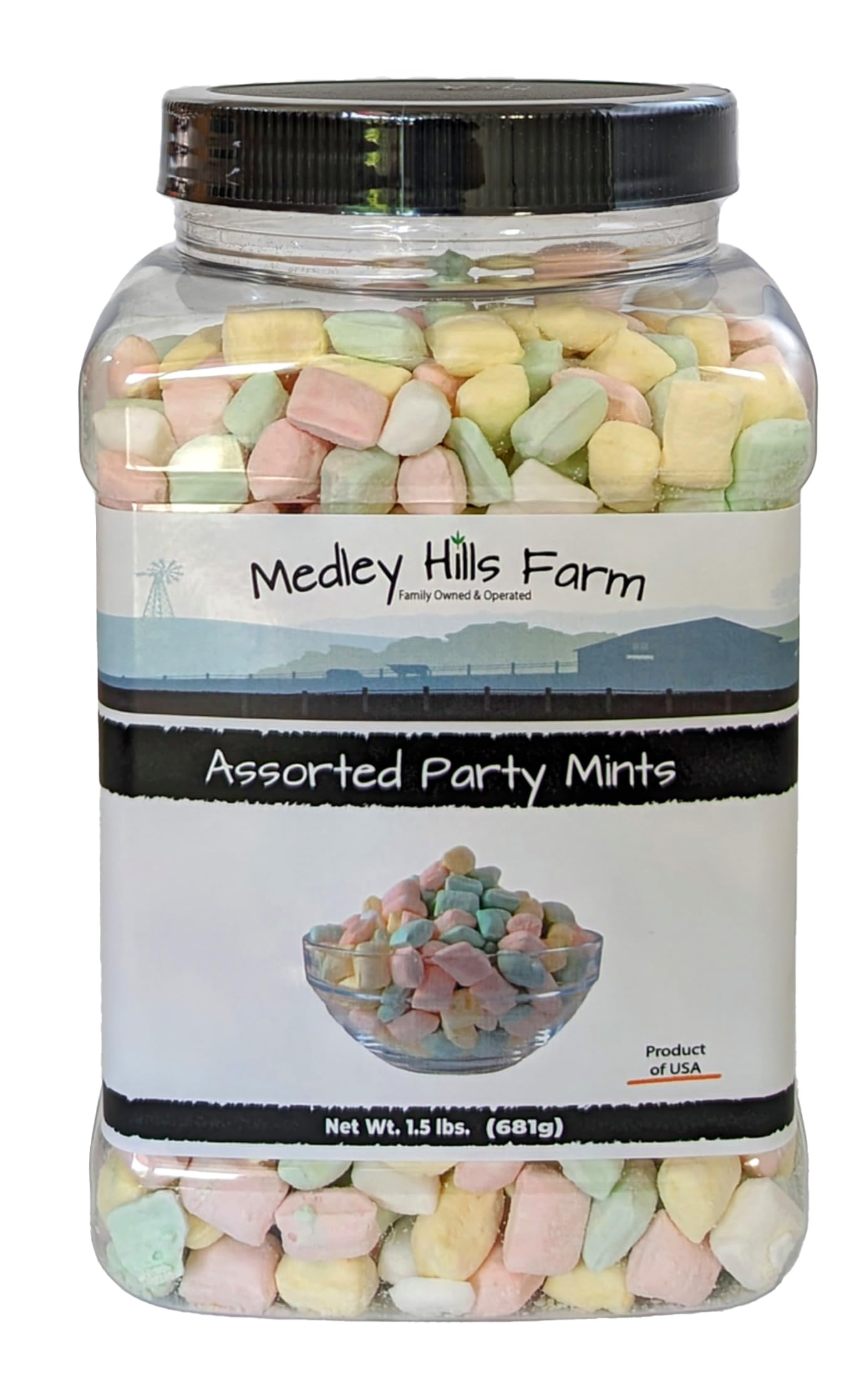 Medley Hills Farm Assorted Party Mints 1.5 lbs in Reusable Container - Perfect for Weddings, Baby Showers & Birthday Parties - Bulk Candy for Events & Celebrations - Made in USA