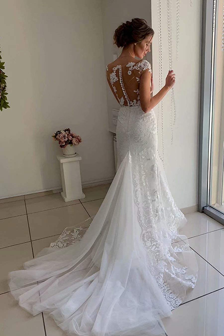 Elegant Mermaid Wedding Dresses for Women - Lace Applique Detachable Long Train Bridal Gown for Bride | Perfect for Beach Weddings, Church Ceremonies & Romantic Photoshoots
