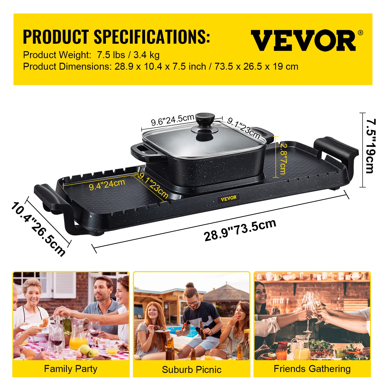 VEVOR 2400W Electric Grill & Hot Pot Combo - Smokeless 2-in-1 Indoor Grill with Dual Temperature Control, Nonstick Teppanyaki Griddle for BBQ, Shabu Shabu, Fondue - Perfect for Family Gatherings (1-8 People)