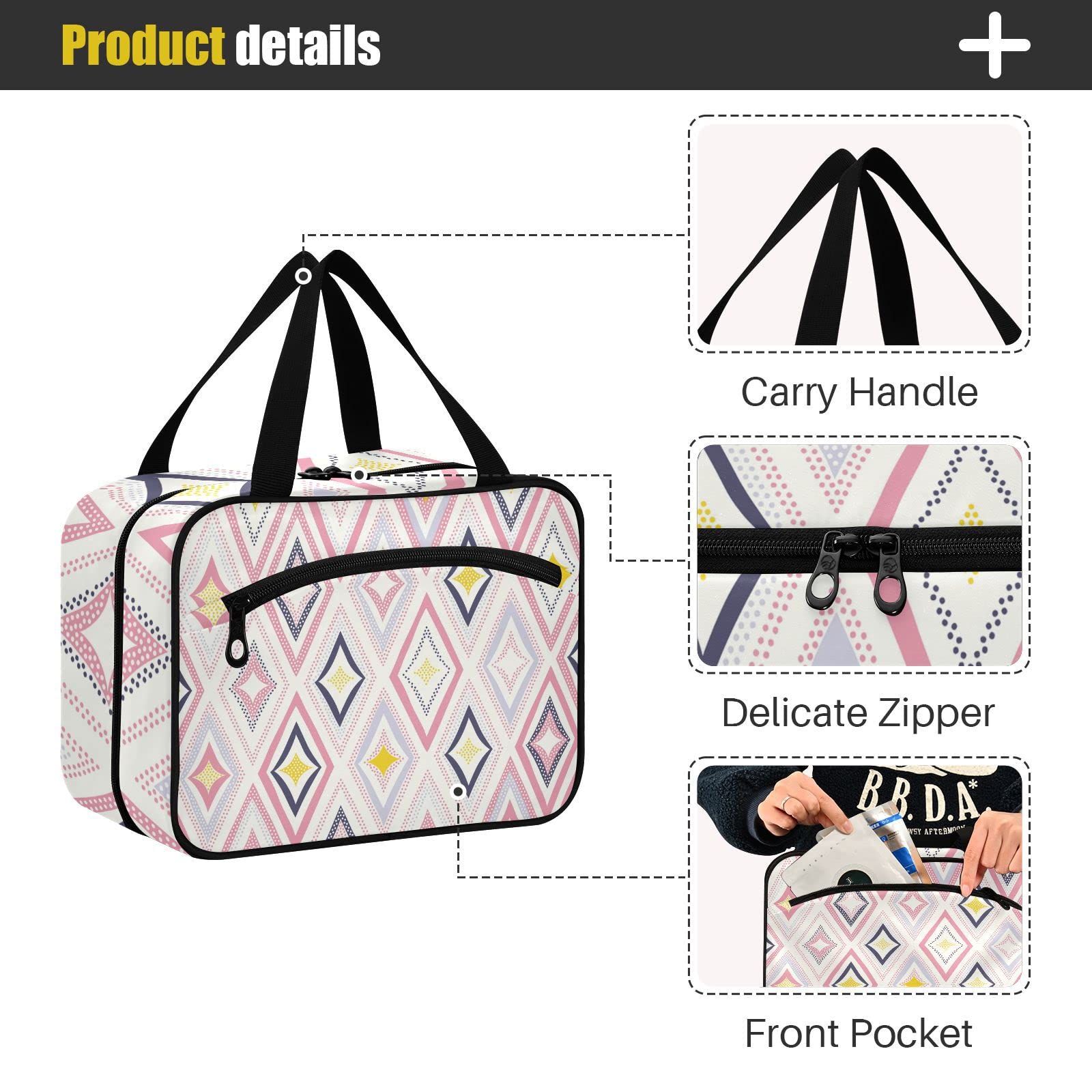 Stylish Polka Dot Rhombus Travel Toiletry Bag for Women - Large Hanging Cosmetic Organizer with Hook - Perfect for Makeup, Skincare & Travel Essentials