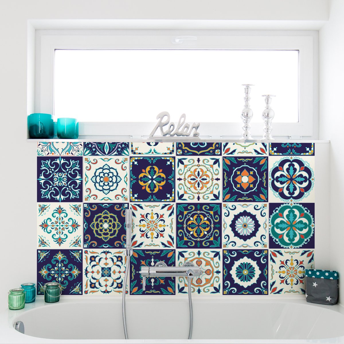 30 Pack Self-Adhesive Cement Tile Stickers - 15x15cm Mosaic Wall Decals for Bathroom, Kitchen Backsplash, Laundry Room & Furniture DIY - Waterproof Peel & Stick Azulejos Tiles (30 Pieces)
