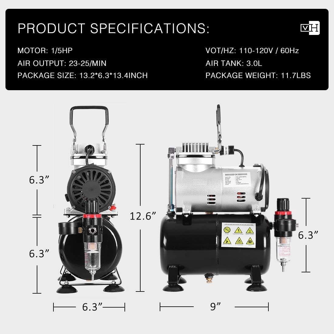 VIVOHOME Professional Airbrush Kit with 1/5 HP Quiet Air Compressor & 3L Tank - 0.3mm Dual Action Airbrush Gun, Gravity Feed Paint System Set - Perfect for DIY Crafts, Model Painting, Cake Decorating & Tattoo Practice