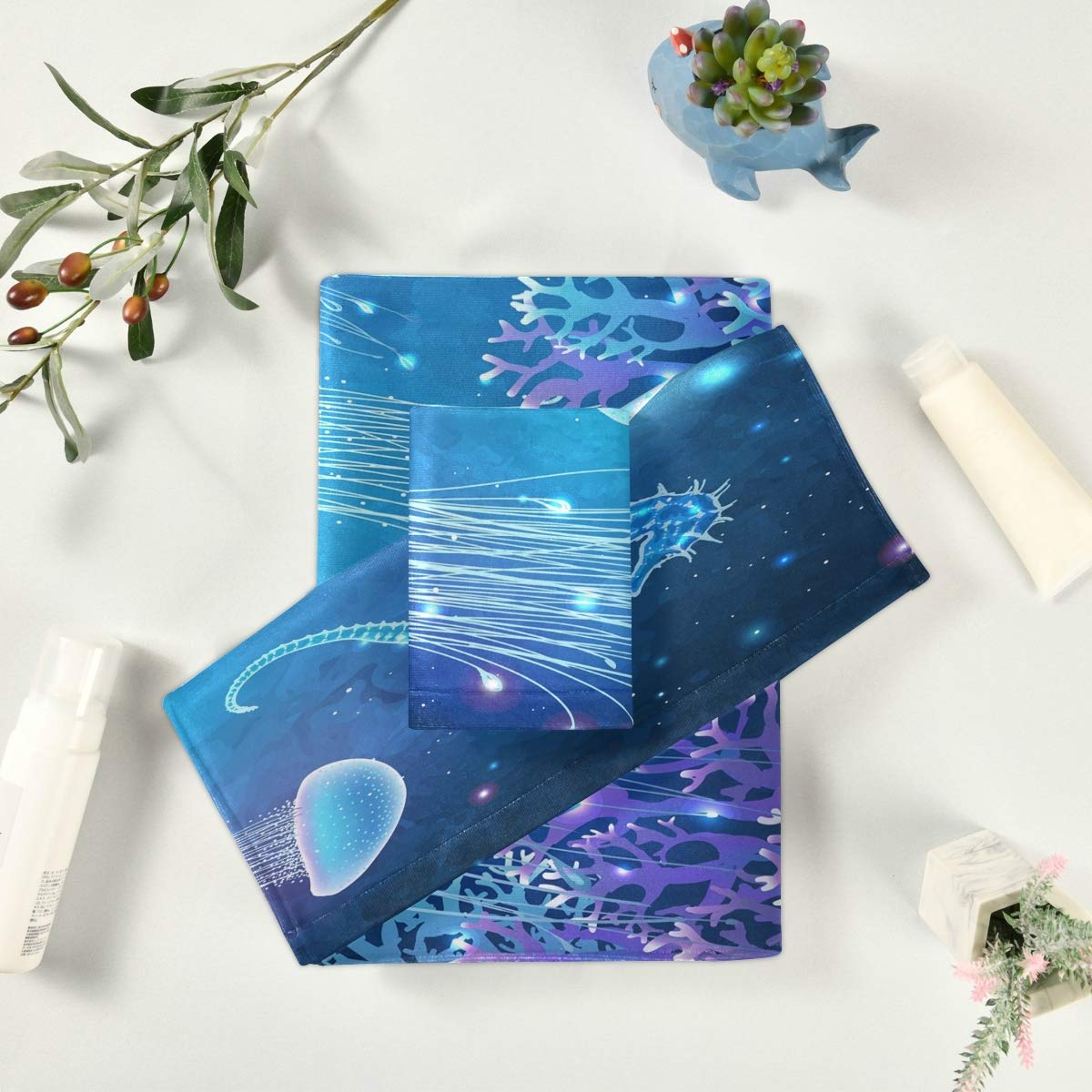 Glowing Jellyfish Underwater Theme Bath Towel Set - 3 Piece Ultra Soft Absorbent Towels (Bath, Hand & Face) for Spa, Beach, Gym, Hotel & Home Decor | Ocean Inspired Bathroom Accessories