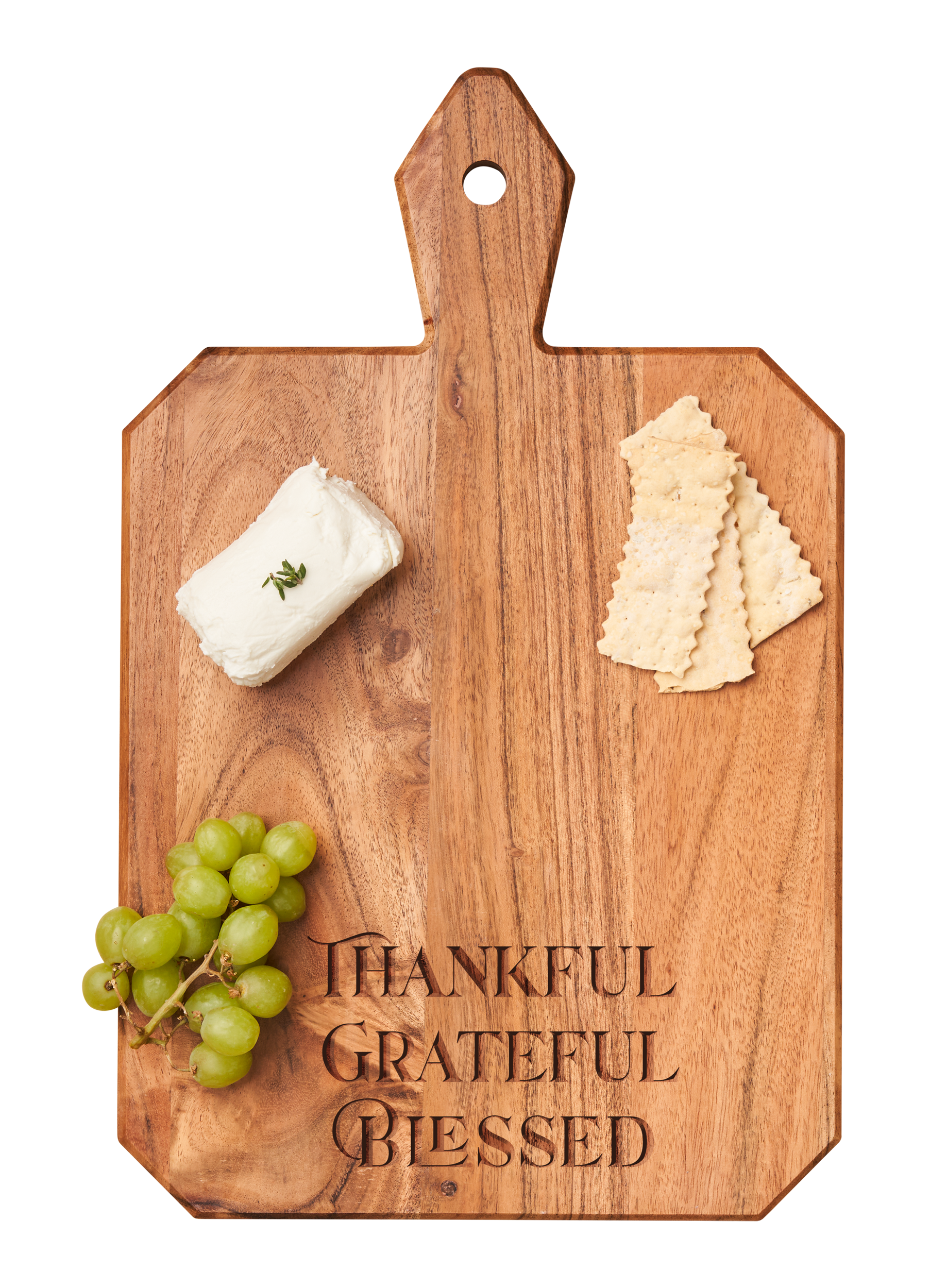 Acacia Wood Heirloom Cutting Board with Handle - 16x10 Inch Rectangle Serving Tray - Engraved 'Thankful Grateful Blessed' - Perfect for Charcuterie, Cheese Display & Holiday Entertaining
