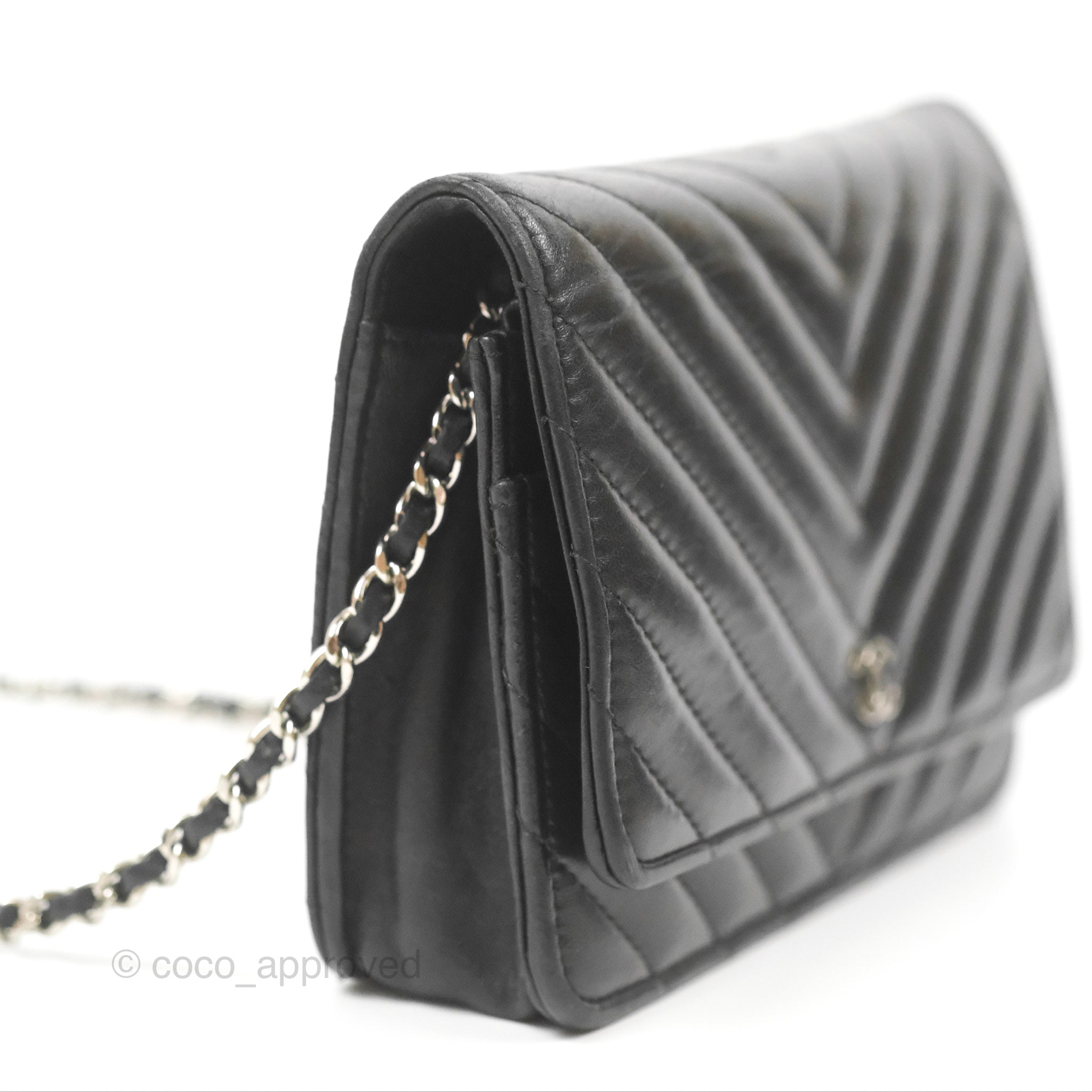 Chanel Classic Chevron Wallet on Chain WOC - Black Lambskin Leather with Silver Hardware | Crossbody Bag for Women, Perfect for Evening Events & Daily Use