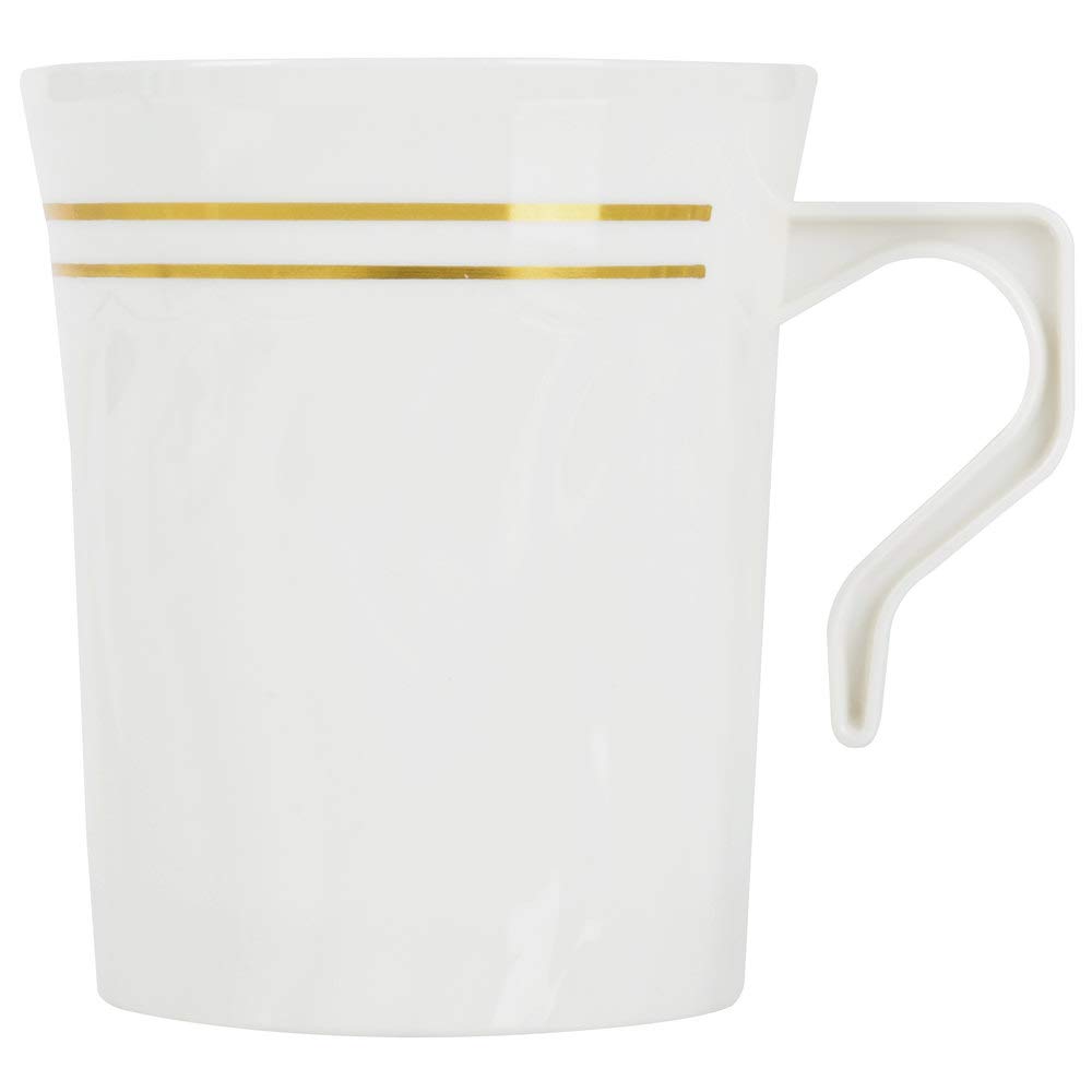 Elegant White Plastic Coffee Mugs with Silver Fineline Settings - 8oz, 12-Pack - Perfect for Parties, Events, Home & Office Use - Durable & Stylish Drinkware for Hot & Cold Beverages