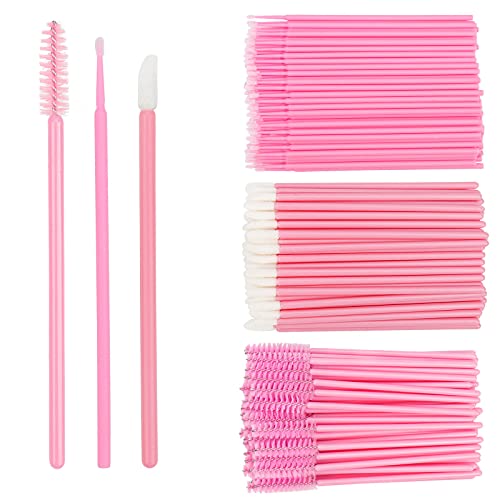 300 PCS Eyelash Extension Kit - Disposable Lash Spoolies, Micro Swab Brushes, Mascara Wands & Lip Brushes for Eyelash Extensions, Tattoo & Lipstick Application (Pink) - Perfect for Salon Professionals & DIY Beauty Enthusiasts