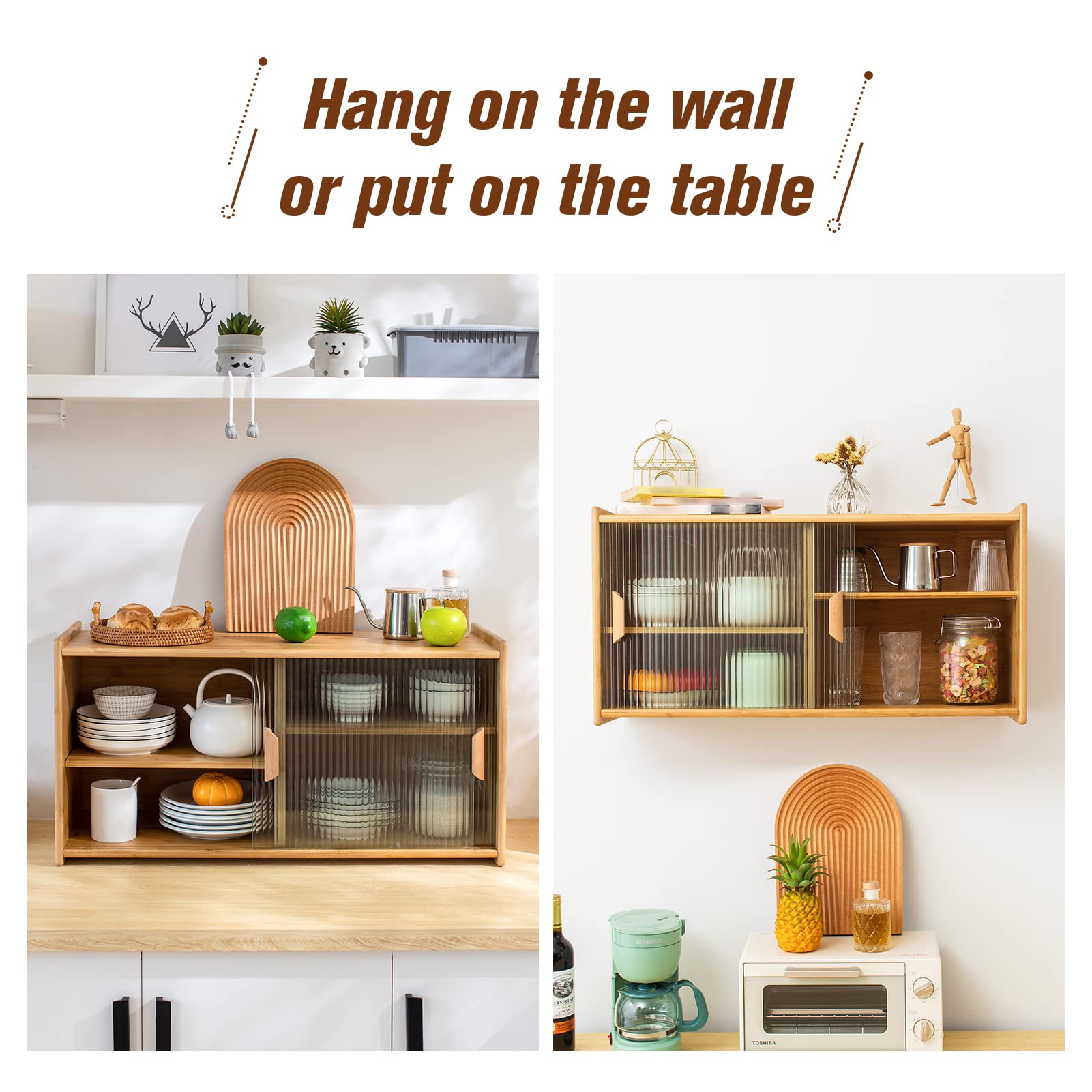HollyHOME Small Bamboo Wall Mounted Kitchen Pantry Cabinet with 2 Doors - Coffee Bar & Wine Storage Organizer for Liquor Bottles, Glasses, Dishes - Perfect for Dining Room, Kitchen, Bar or Entryway Storage Solution