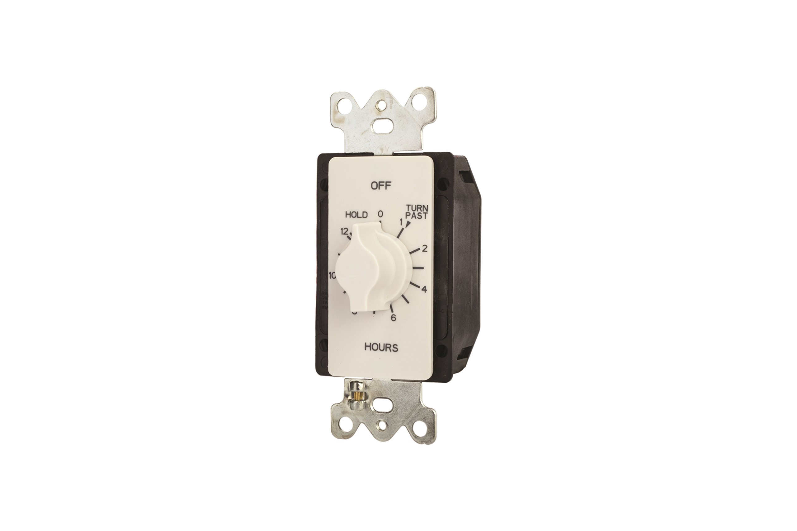 12-Hour Springwound In-Wall Timer Switch with Auto Off & Hold Function - White | Perfect for Bathroom Fans, Grow Lights & Home Automation Systems