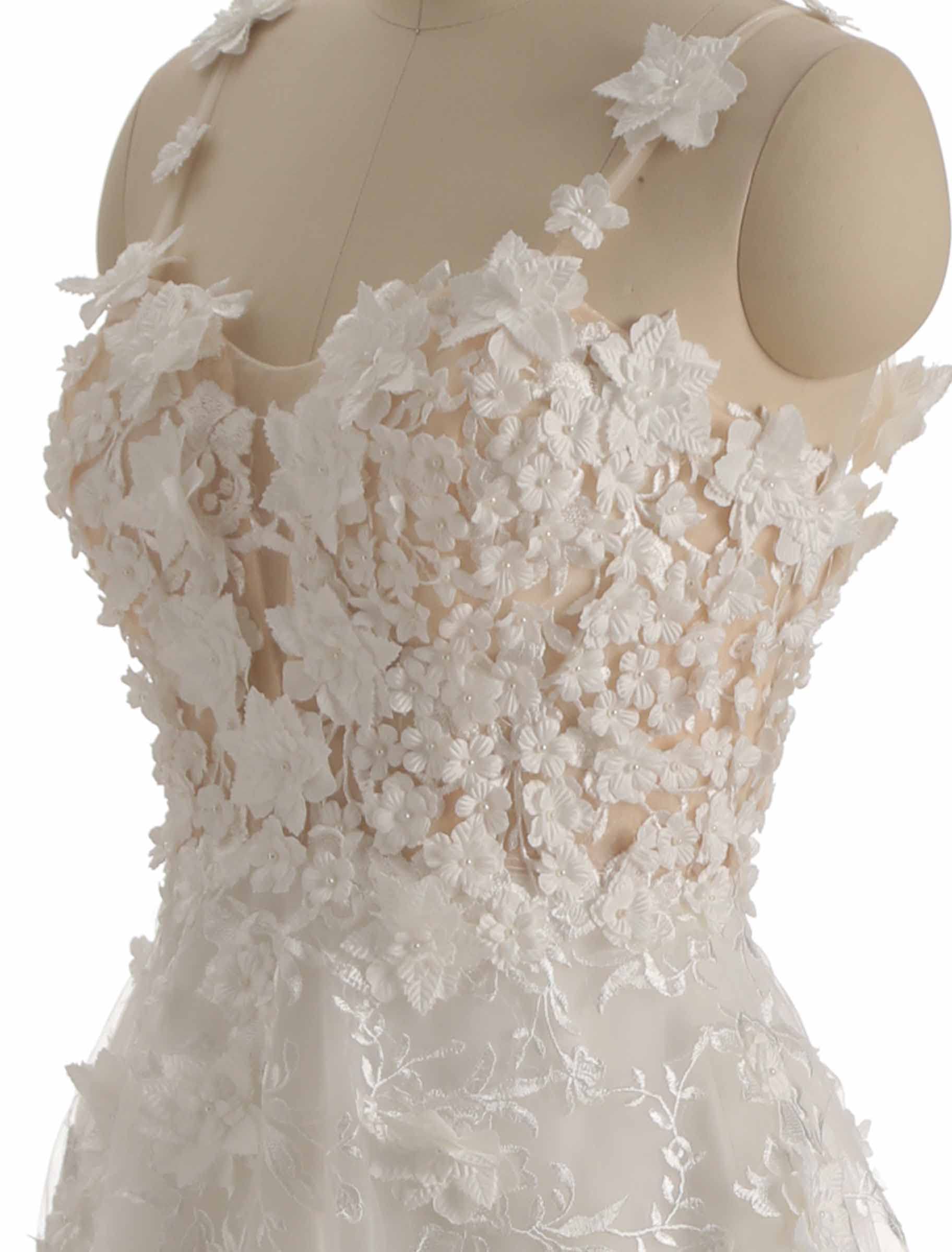 Elegant A-Line Lace Train Wedding Dress for Bride - Off Shoulder Strapless Long Tulle Gown with Applique Details | Perfect for Beach, Church, and Formal Wedding Ceremonies