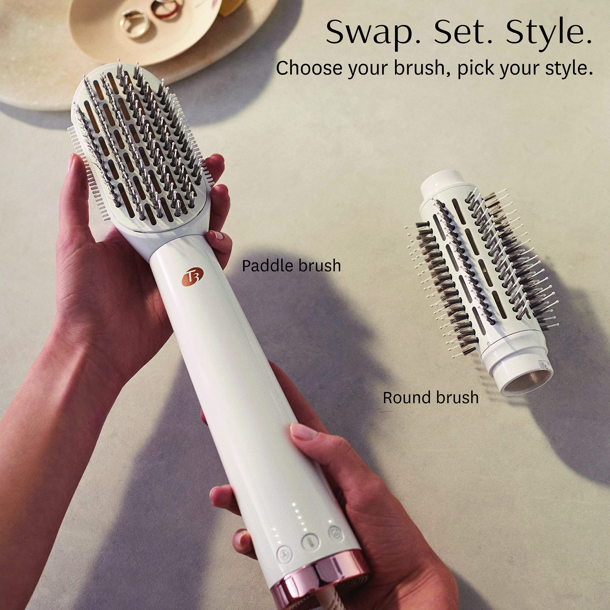 T3 AireBrush Duo Interchangeable Hot Air Blow Dry Brush with 2 Attachments - 15 Heat/Speed Settings, IonFlow Technology for Frizz-Free Hair, Volume Booster & Cool Shot Button | Perfect for Salon-Quality Blowouts at Home, Travel & Everyday Styling