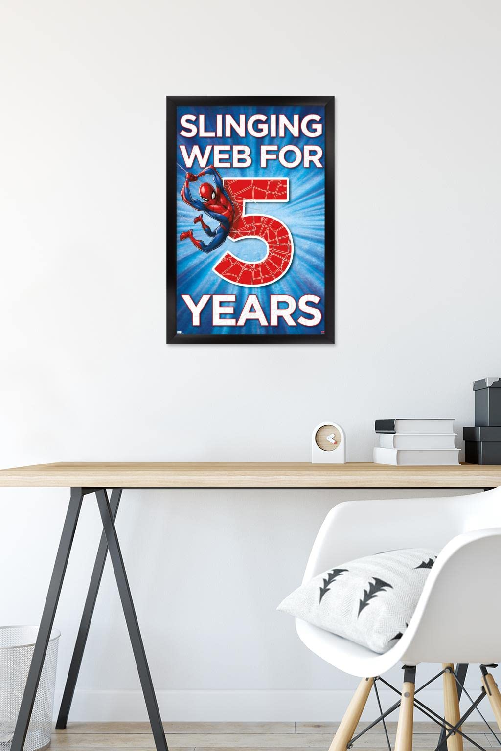 Marvel Spider-Man Happy 5th Birthday Wall Poster - 22.4x14.7 Inches Black Framed Superhero Decor for Kids Room, Birthday Party & Nursery - Officially Licensed Marvel Merchandise