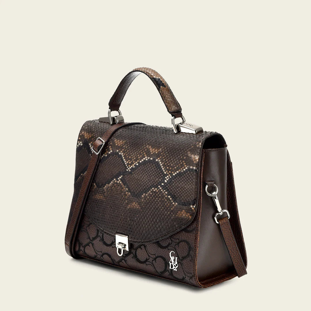 BOD95PH Fashionable Women's Chocolate Brown Python Print Tote Bag - Elegant Dressy Handbag for Work, Travel & Shopping