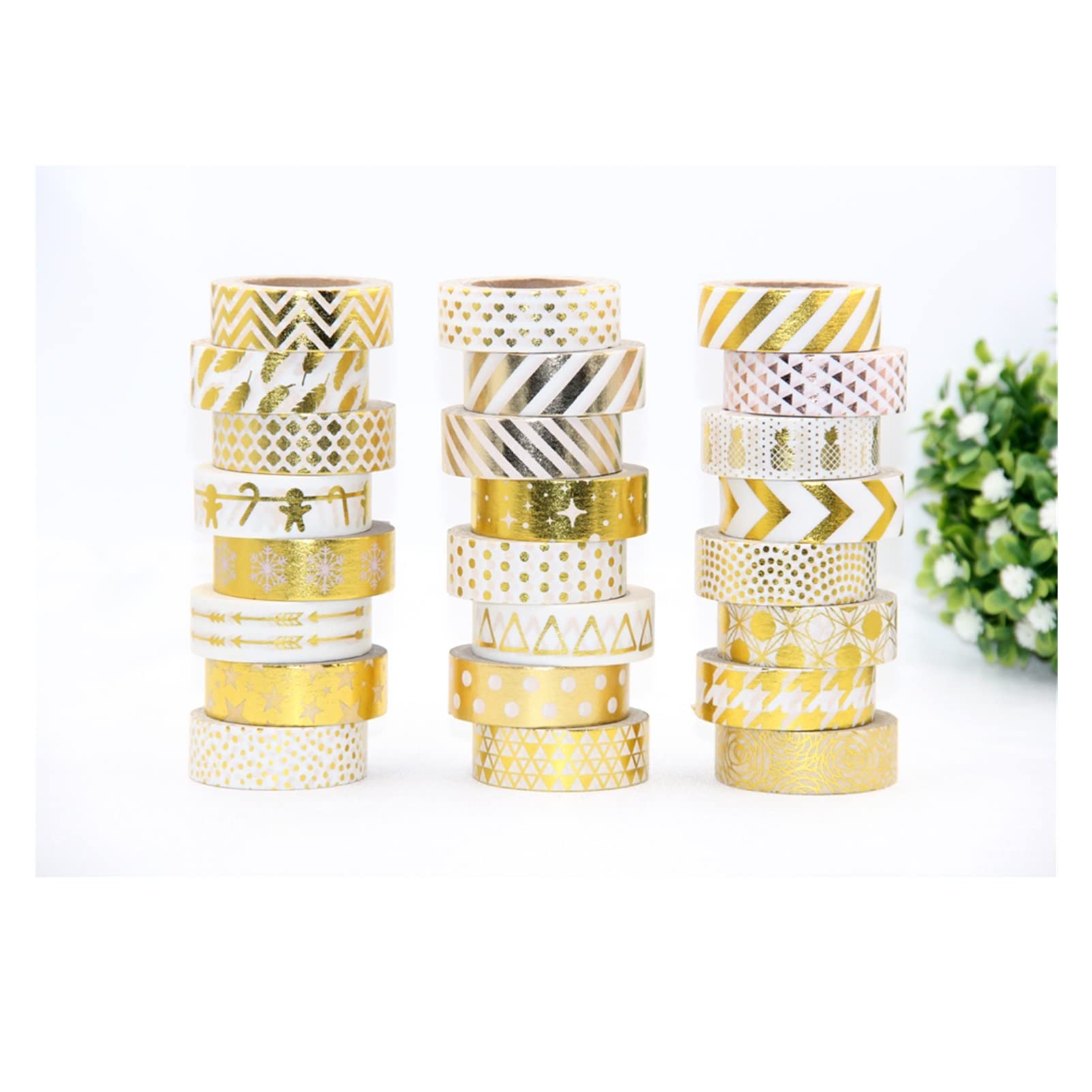 10m Gold Foil Decorative Washi Tape - Dots, Stripes, Pineapple & Heart Designs for Scrapbooking, Journaling & DIY Crafts (Color A)