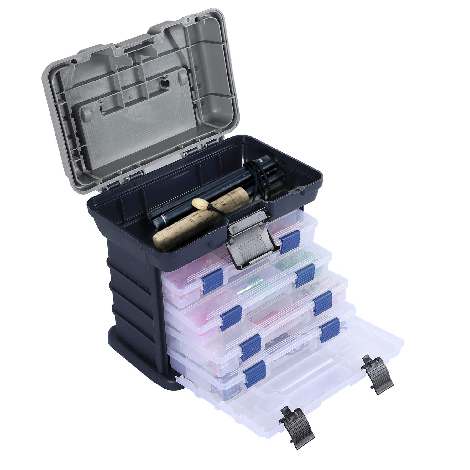 KINJOEK 4-Layer Portable Fishing Tackle Box Kit - Waterproof Fishing Accessory Storage Case for Freshwater & Saltwater Fishing - Perfect for Bass, Trout, and Saltwater Anglers
