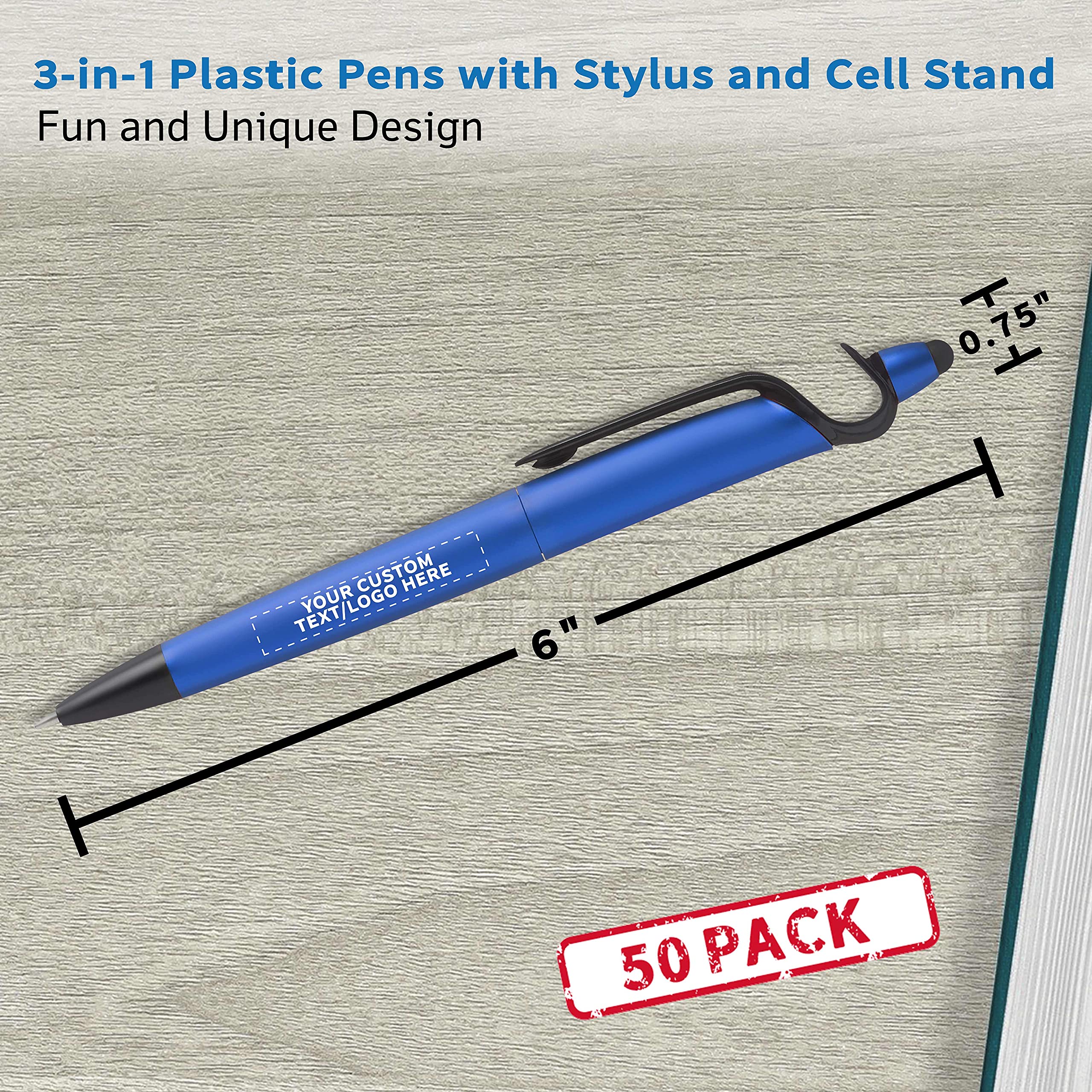 3-in-1 Multi-Function Plastic Pens with Stylus & Phone Stand - 50 Pack Bulk Office Supplies - Custom Text & Logo Printing - Ballpoint Black Ink Pens for Business Promotions, Giveaways & Corporate Events - Perfect for Trade Shows, Conferences & Employee Gifts