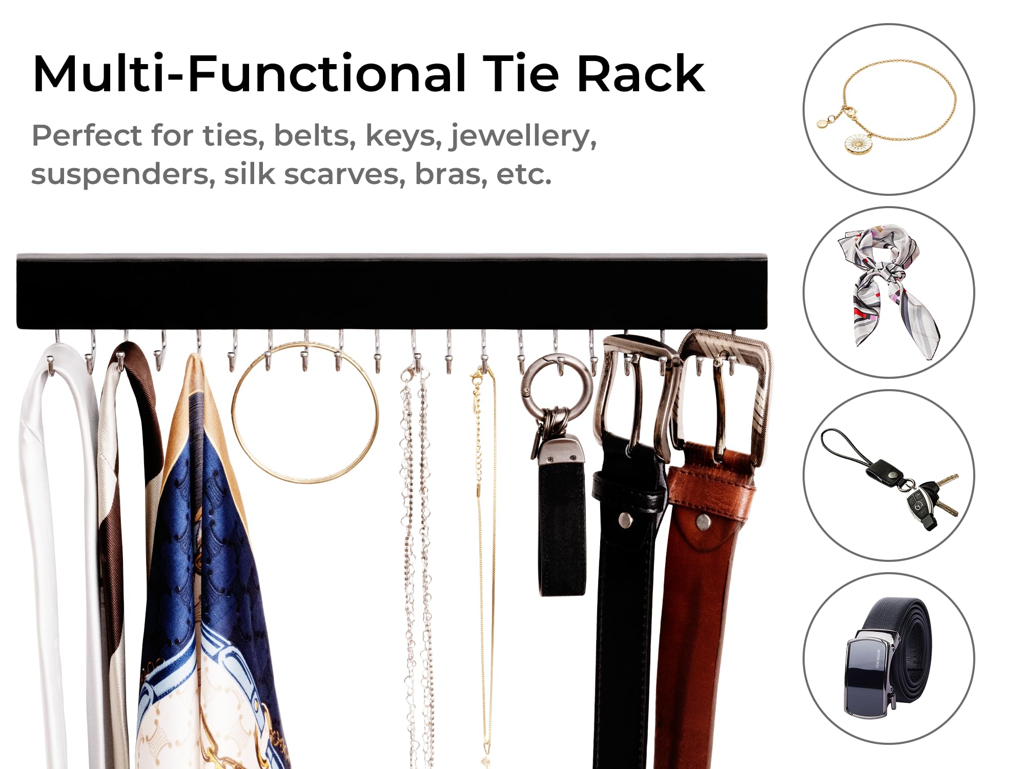 StorageWorks 2-Pack Wooden Tie Rack with 20 Hooks - Wall Mounted Organizer for Neckties, Belts, Hats & Accessories - Space Saving Closet Storage Solution for Home & Office (Black)