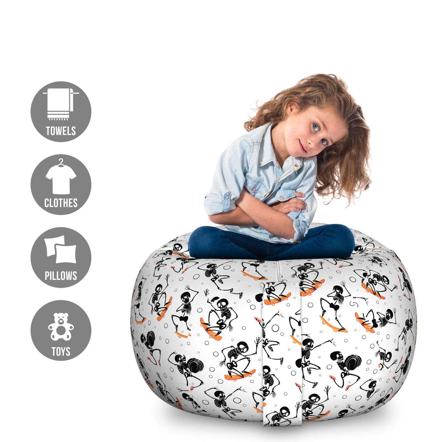 Ambesonne Skeleton Storage Toy Bag Chair - Large Washable Stuffed Animal Organizer with Whimsical Skateboard & Bubbles Design in Charcoal Grey & White | Perfect for Kids' Room, Playroom & Dorm Organization