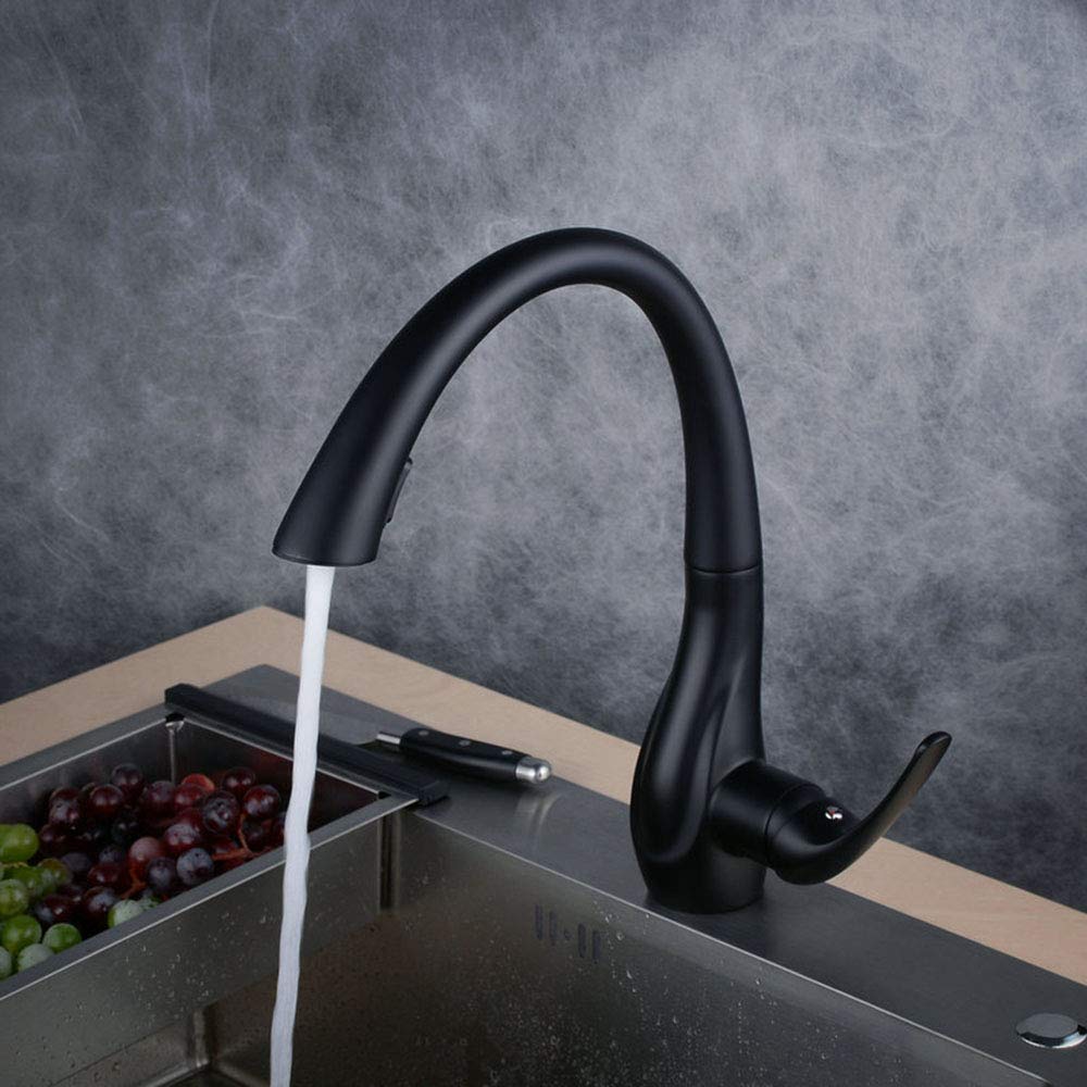 HomeLava Black Pull-Down Kitchen Sink Faucet - Single Hole Brass Water Tap with Sprayer | Durable Baked Paint Finish for Bar, Bathroom & Basin Sinks | Perfect for Modern Homes & Commercial Spaces
