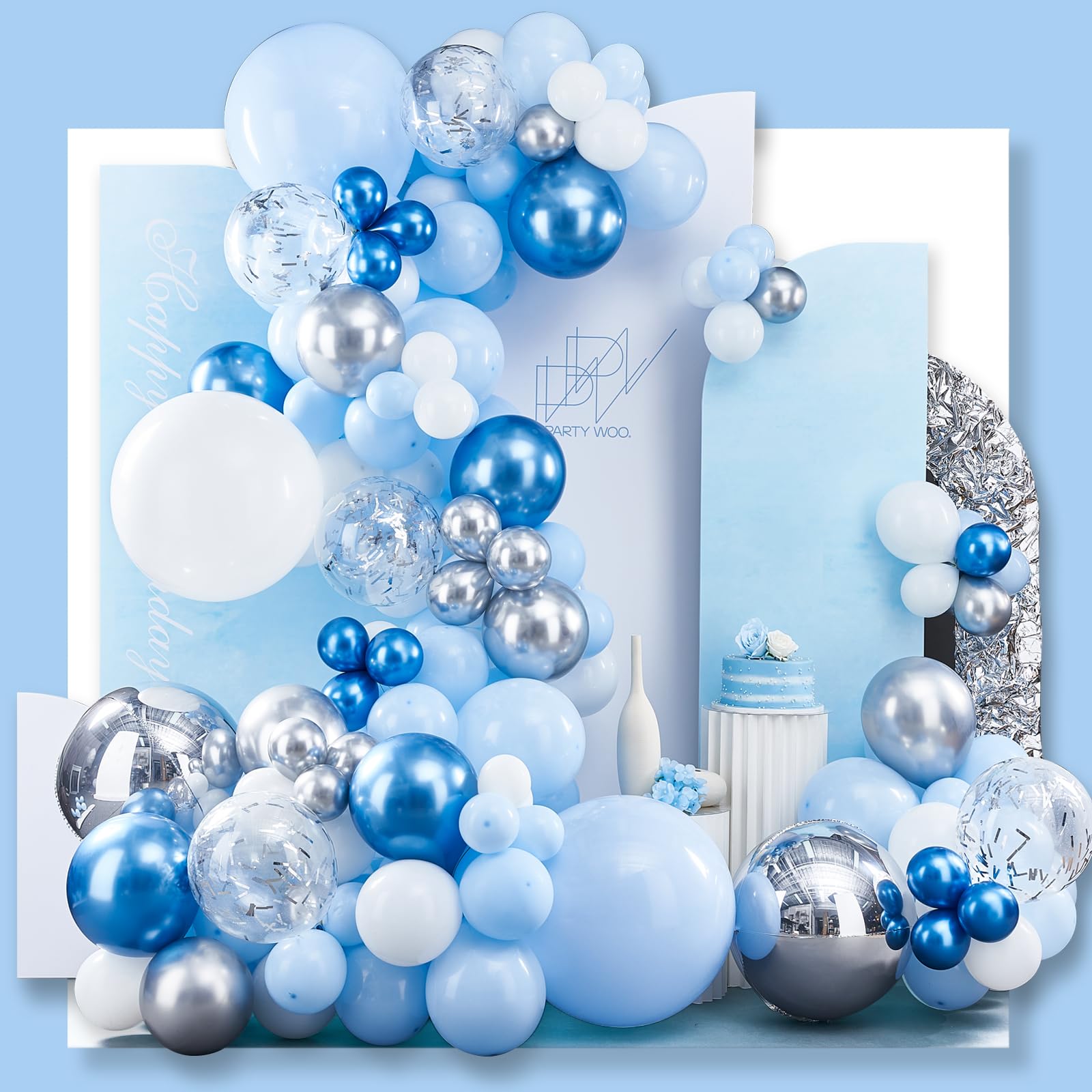 PartyWoo Blue Balloon Garland Kit - 140 pcs Blue & White Balloon Arch with 4D Silver Metallic & Confetti Balloons for Baby Shower, Birthday, Baptism Decorations | Perfect for Gender Reveal Parties, Wedding Decor, Graduation Celebrations