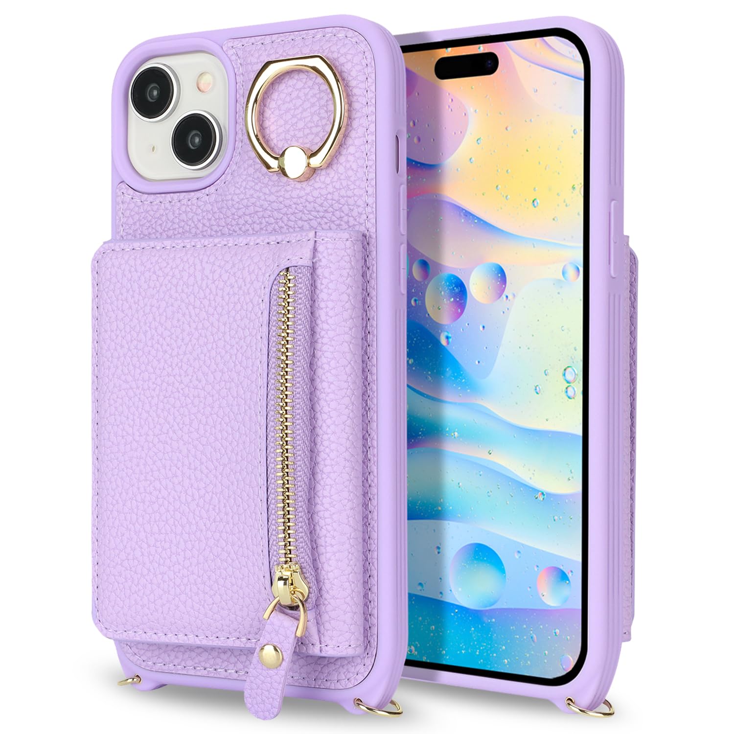 Premium PU Leather iPhone 15 Plus Case with Card Holder & Crossbody Strap - Wallet Phone Case with Stand Ring & Zipper Pocket (Purple) | Perfect for Women's Daily Use, Travel, Shopping & Hands-Free Convenience
