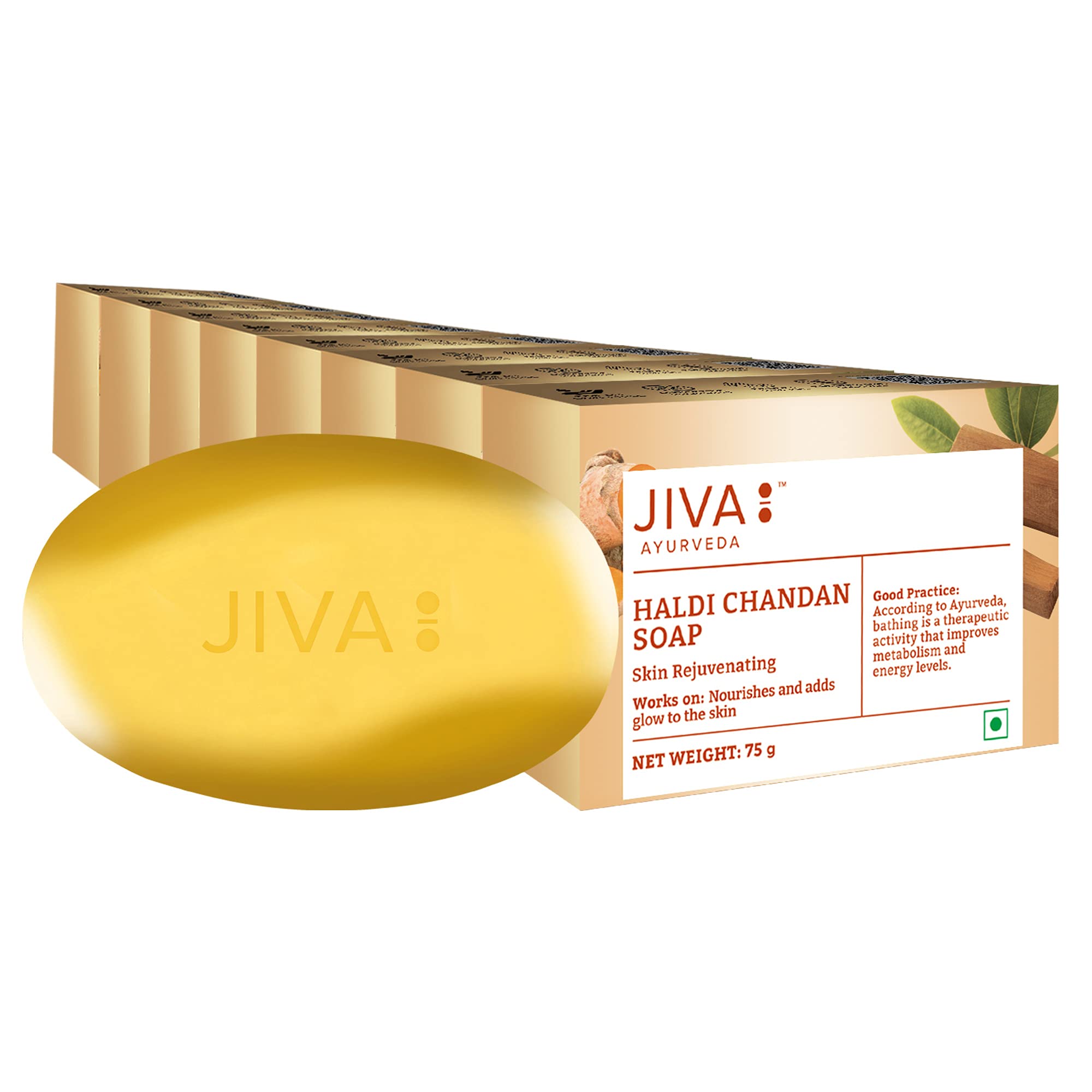 Jiva Ayurveda Turmeric Sandalwood Bathing Soap - 100% Natural Herbal Soap for Glowing Skin (75g, Pack of 8) | Perfect for Daily Skincare & Ayurvedic Beauty Routine