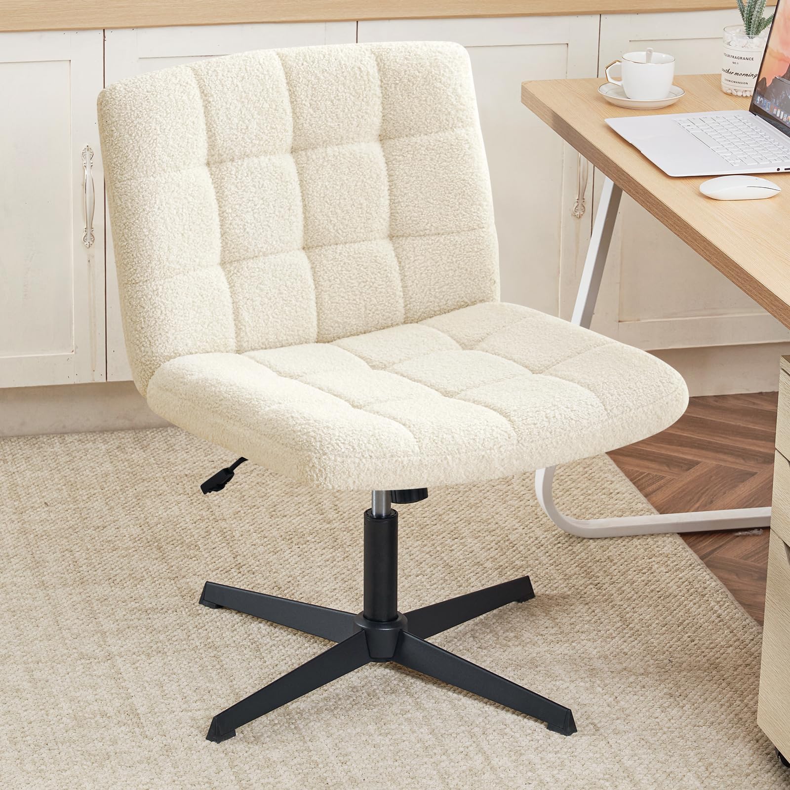 Furniliving Home Office Desk Chair - No Wheels, Criss Cross Leg Design, Wide Armless Chair with Adjustable Height & Mid Back Support - Swivel Vanity Chair in Sherpa Ivory White - Perfect for Small Spaces, Reading Nooks & Makeup Stations