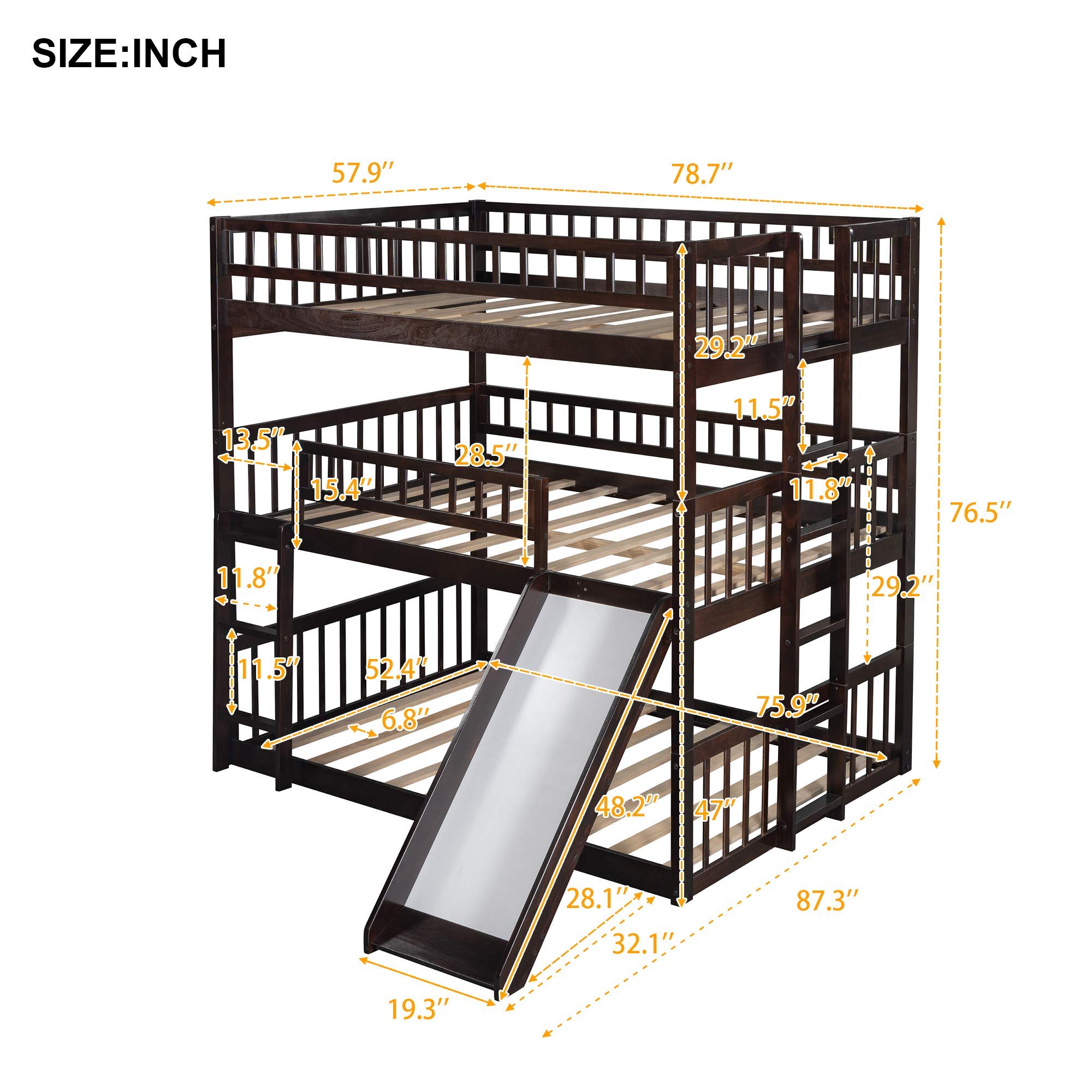 Triple Bunk Bed with Slide - Full Over Full Over Full Wooden Bunk Bed with 2 Ladders - No Box Spring Needed - Perfect for Kids, Teens & Family - Space Saving Bunk Bed for Small Rooms, Dorms & Vacation Homes