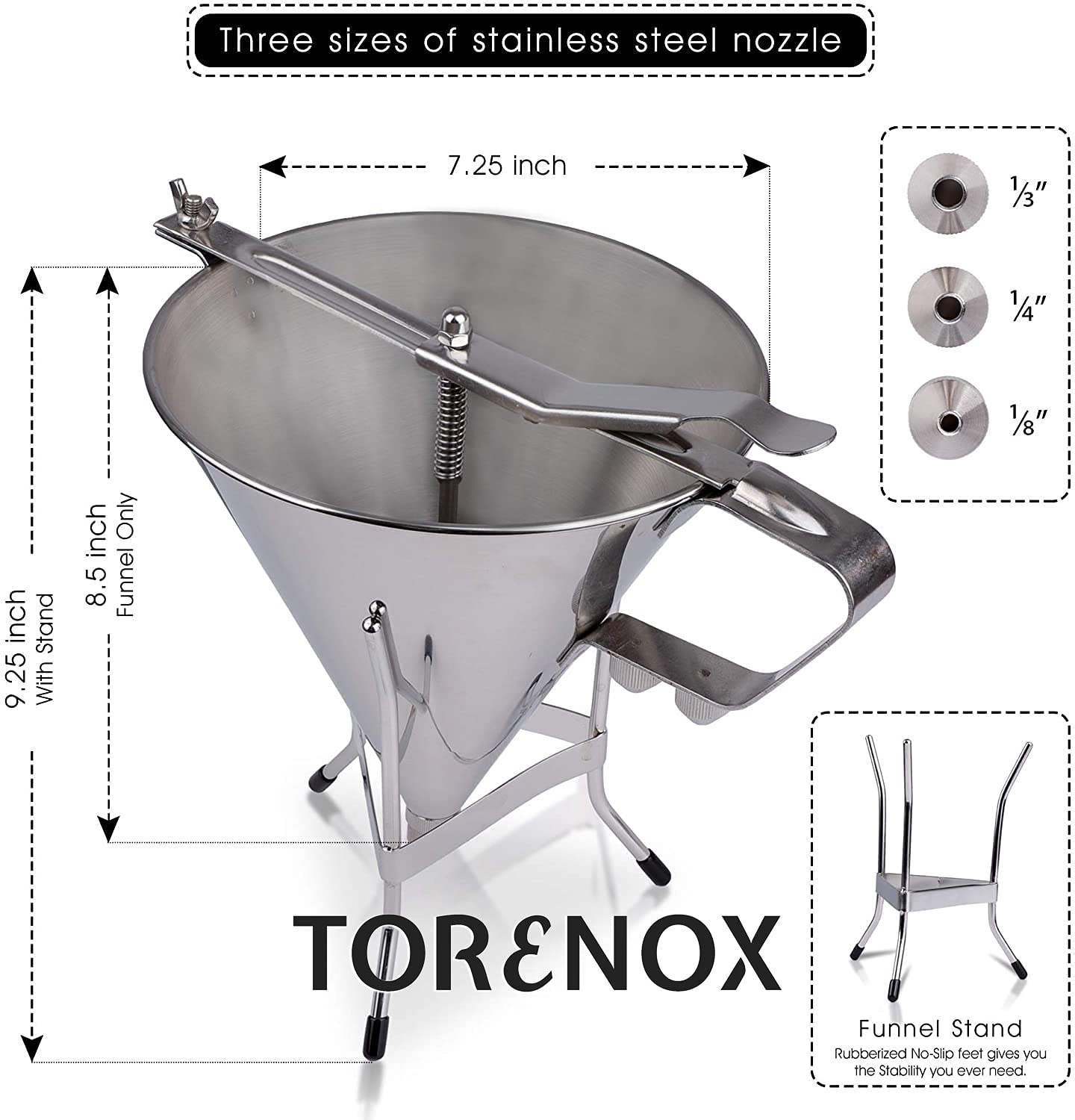Professional Stainless Steel Confectionery Funnel with 3 Nozzles & Stand - Commercial Cake Decorating Tool for Baking, Candy Making & Dessert Presentation