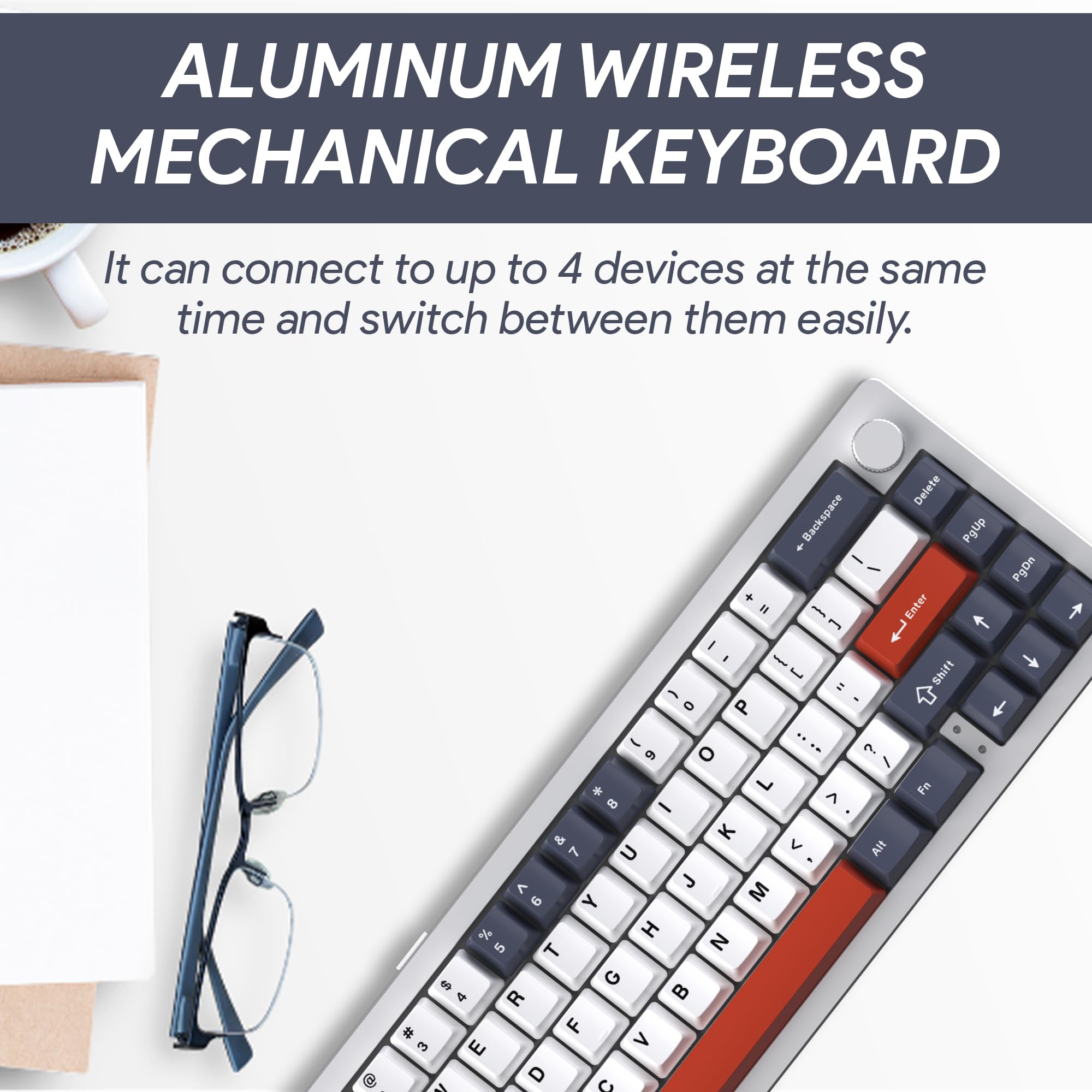 EMB Nabi Series NB1 65% Wireless Mechanical Gaming Keyboard - 66 Keys, CNC Aluminum Frame, RGB Backlit, Hot-Swappable Switches, 4600mAh Battery, Milk Linear Switches, Wired/Bluetooth/2.4G Connectivity (Silver/Blue) - Perfect for PC Gaming, Office Work, and Typing Enthusiasts