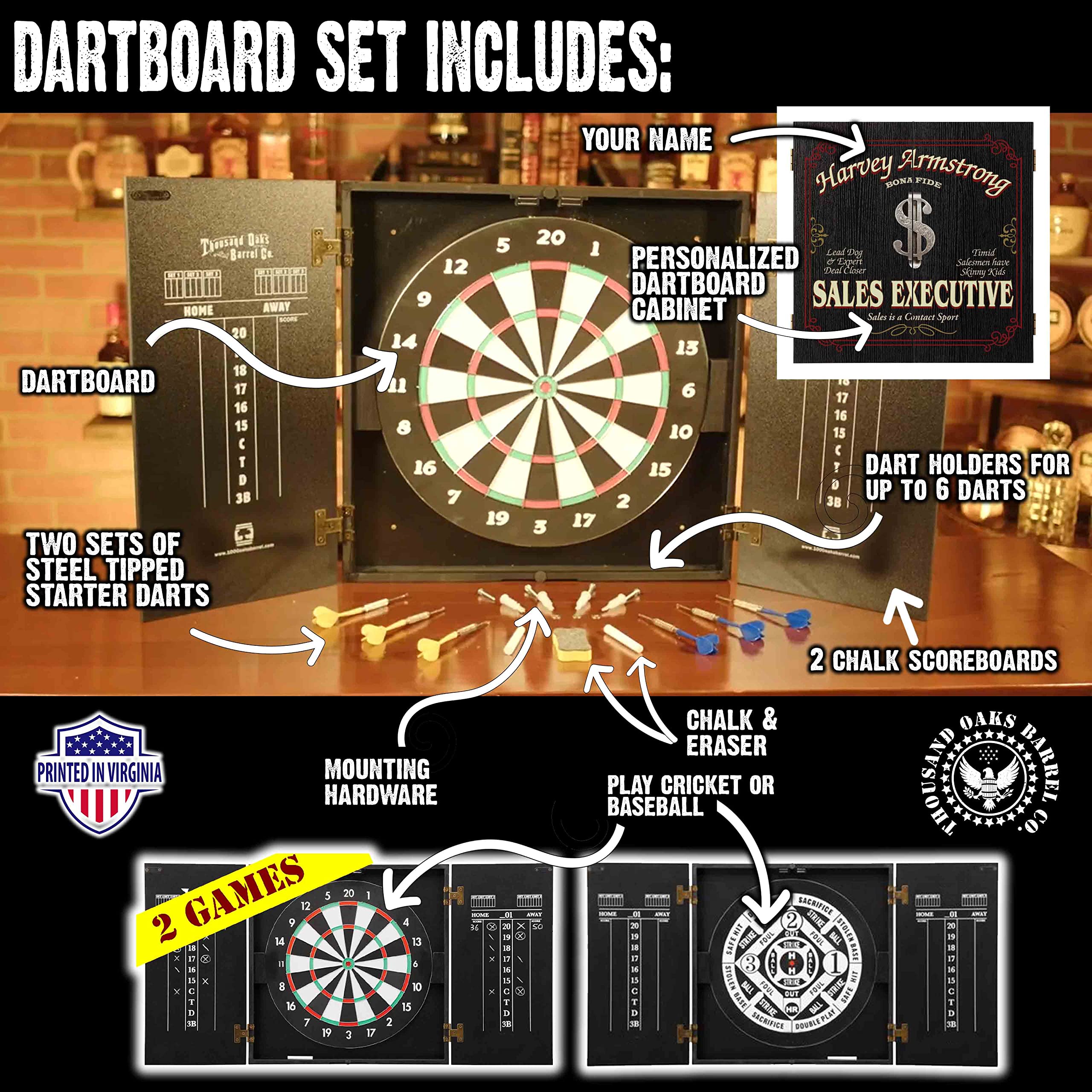 THOUSAND OAKS BARREL CO. Personalized Dartboard Cabinet Set with 6 Steel Tip Darts - Professional Bristle Dart Board for Adults - Includes Eraser & Chalk Scoreboard - Perfect for Game Rooms, Bars, and Home Entertainment