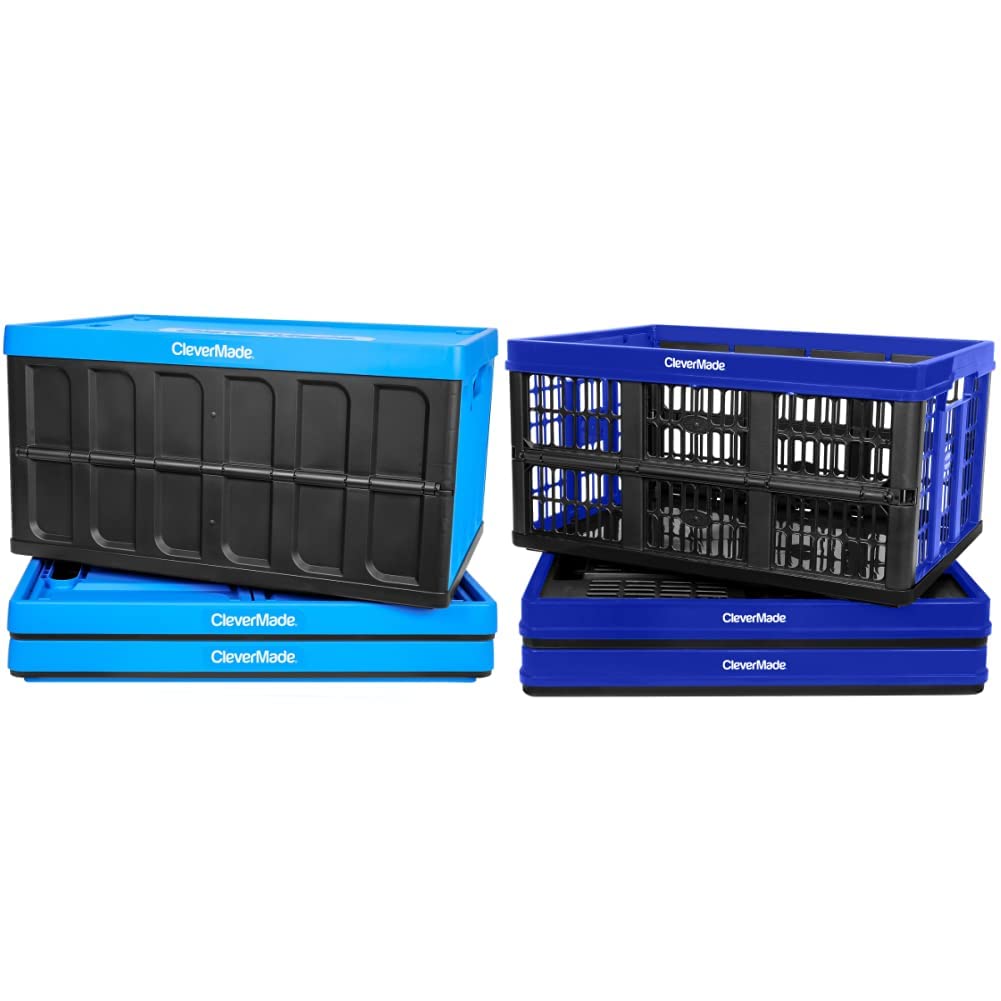 CleverMade 62L & 45L Collapsible Storage Bins with Lids - 3 Pack Neptune Blue & Royal Blue - Space Saving Foldable Organizer for Home, Office, Closet, Garage, and Moving Supplies