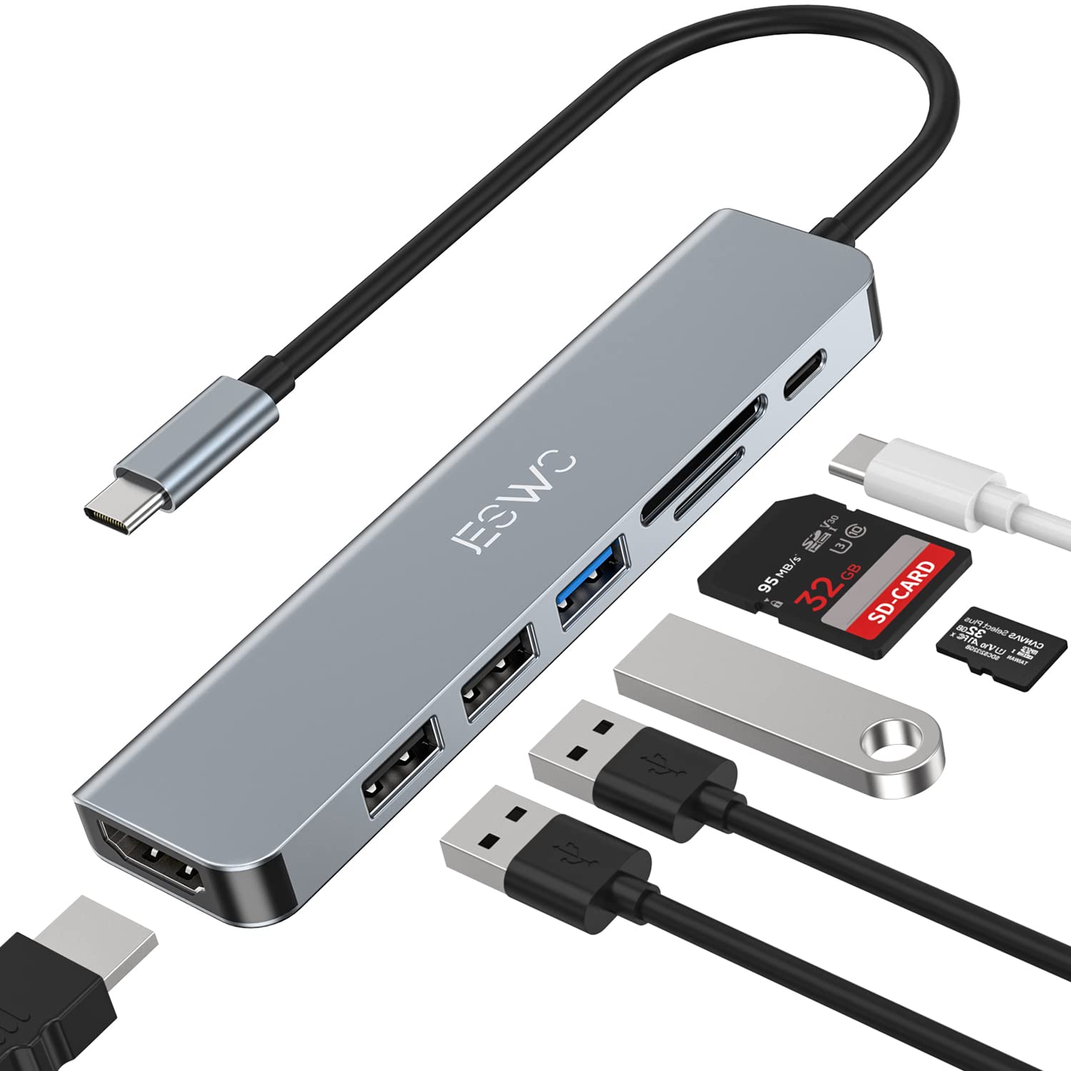 JESWO 7-in-1 USB C Hub with 4K HDMI, USB 3.0 Ports, 100W PD Charging, SD/TF Card Reader - Thunderbolt 3 Compatible for MacBook Pro/Air, iPad Pro & Type C Laptops - Perfect for Home Office, Travel & Multi-Screen Workstations