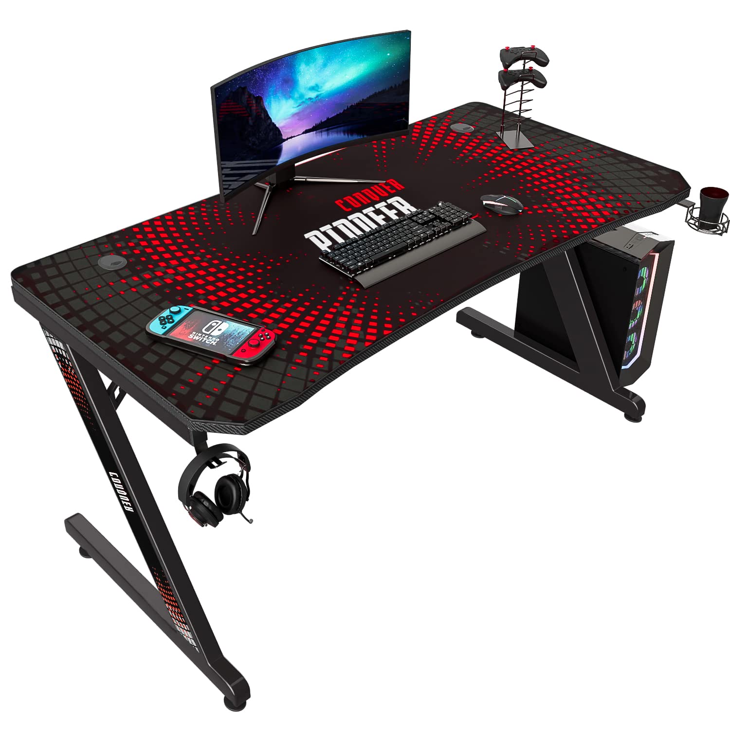 Devoko 55-inch Z-Shaped Gaming Desk with Carbon Fiber Surface - Ergonomic PC Computer Desk for Gamers & Home Office - Includes Free Mouse Pad, Cup Holder & Headphone Hook (Black) - Perfect for Esports, Streaming & Remote Work