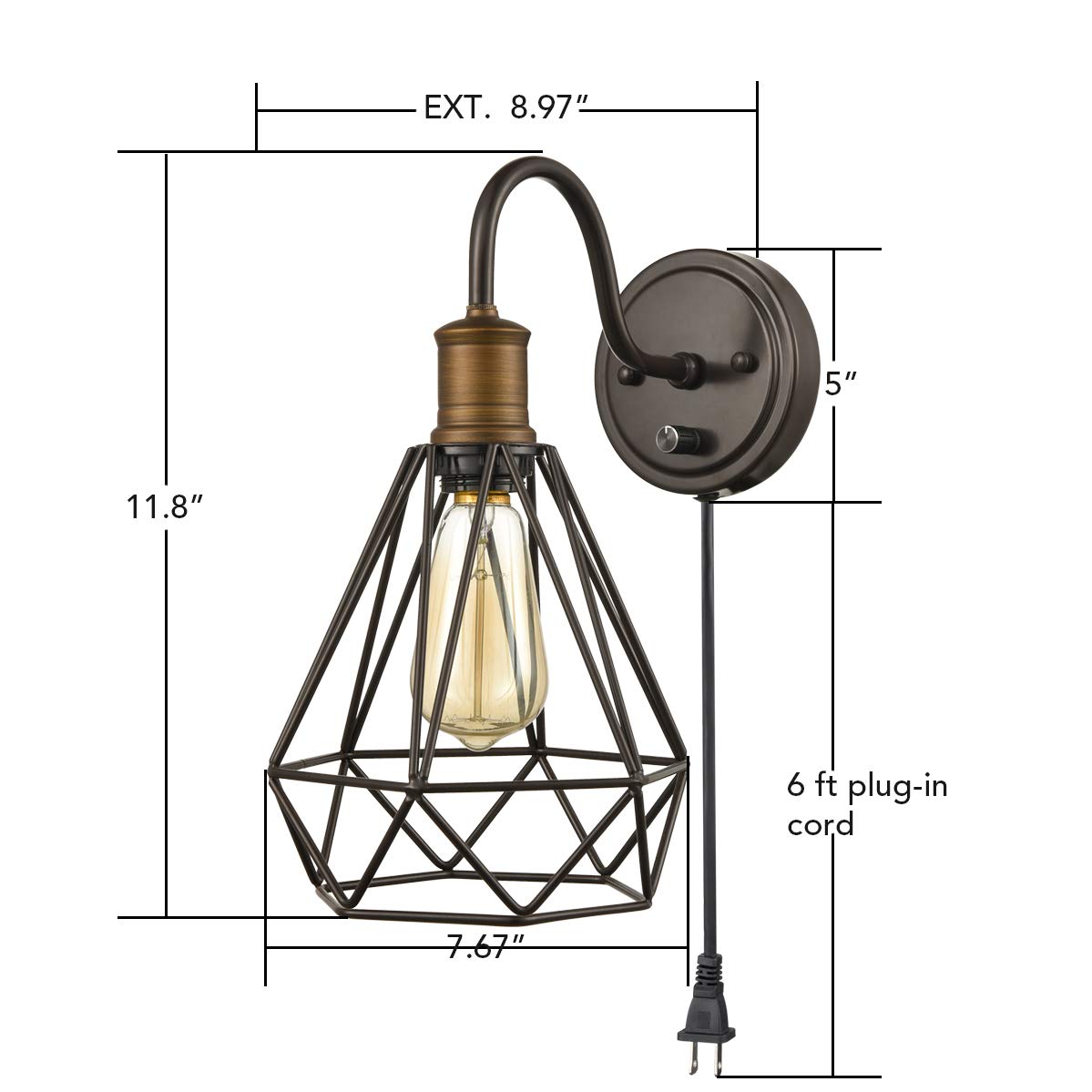 DAYCENT Set of 2 Industrial Wall Sconces - Oil Rubbed Bronze Gooseneck Farmhouse Lighting with On/Off Switch & Polygon Cage Design - Perfect for Bedroom, Living Room, Hallway & Entryway Lighting