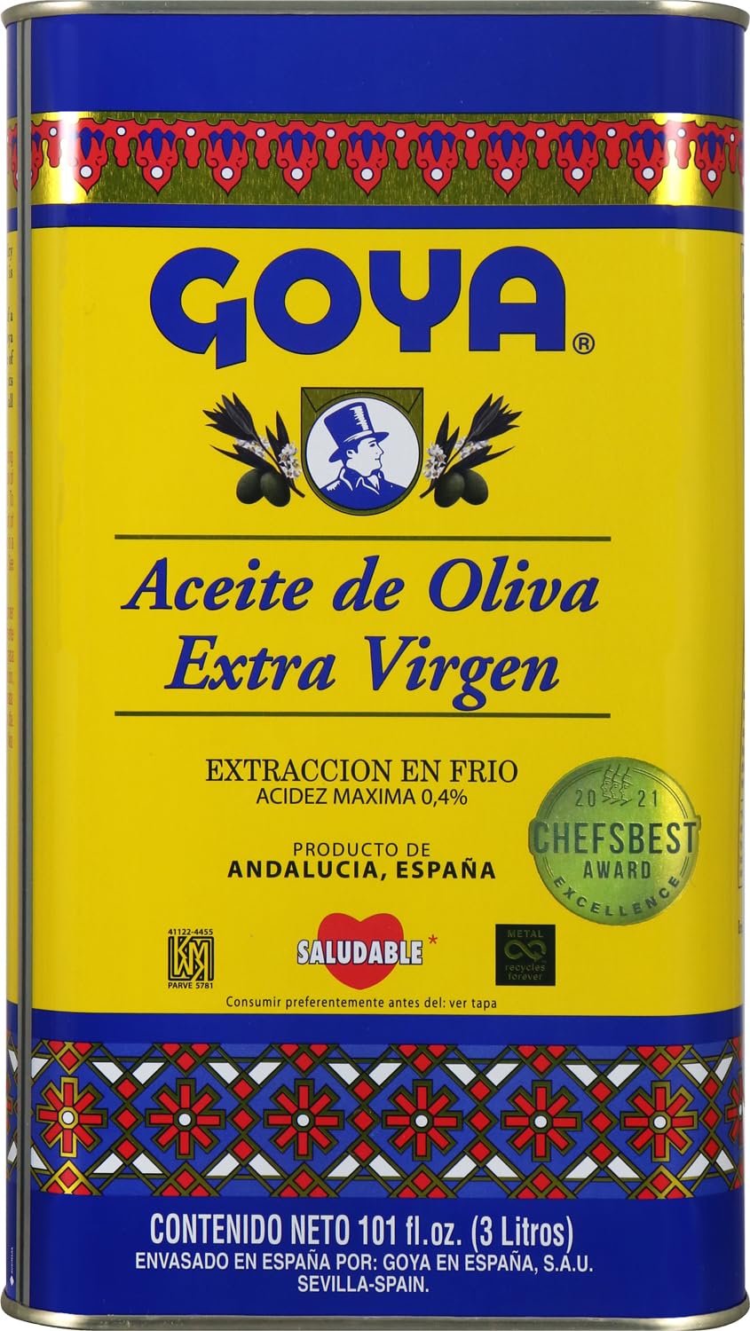 Goya Foods Extra Virgin Olive Oil - 3 Liter Tin (Pack of 3) | Premium Cooking Oil for Salads, Pasta & Mediterranean Dishes | Healthy & Natural Olive Oil for Home & Restaurant Use