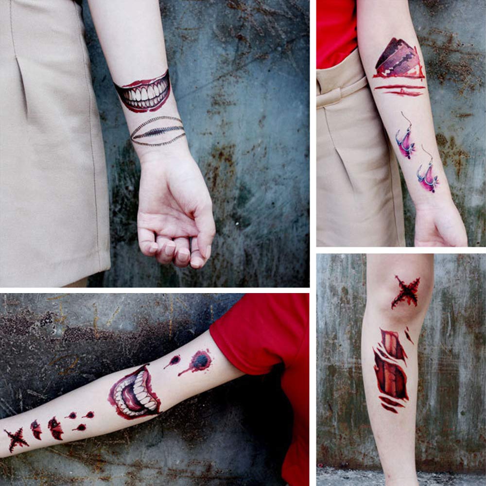 FEDBNET Halloween Scars Temporary Tattoos - Realistic Fake Wound & Zombie Tattoo Stickers with Fake Blood Effect - Perfect for Halloween Costumes, Cosplay, Horror Parties & Themed Events