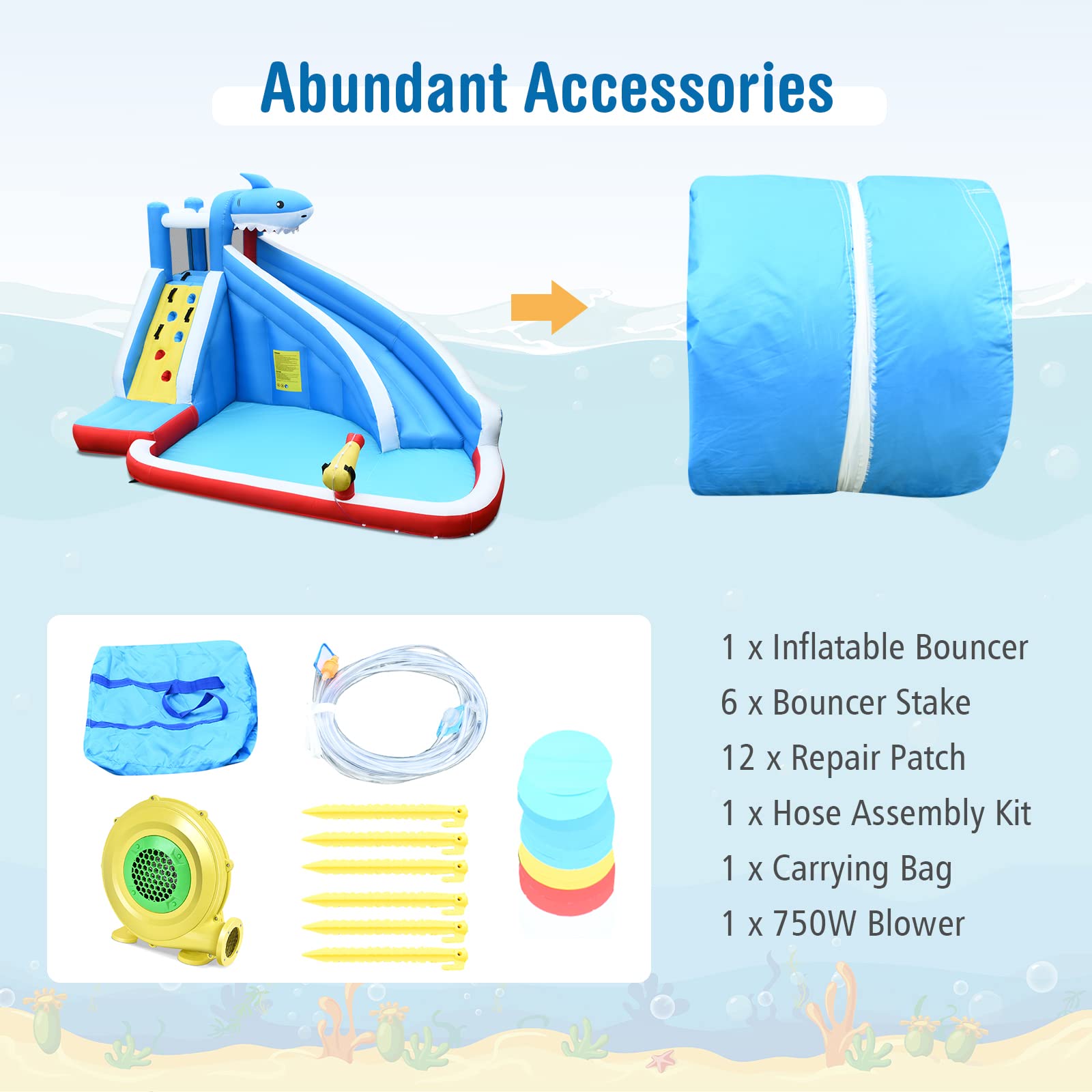 **HONEY JOY Inflatable Water Slide with Shark Theme - 12ft Blow Up Bounce House for Backyard, Kids & Adults - Includes Climbing Wall & 750W Blower - Perfect for Summer Parties, Birthdays & Outdoor Fun**