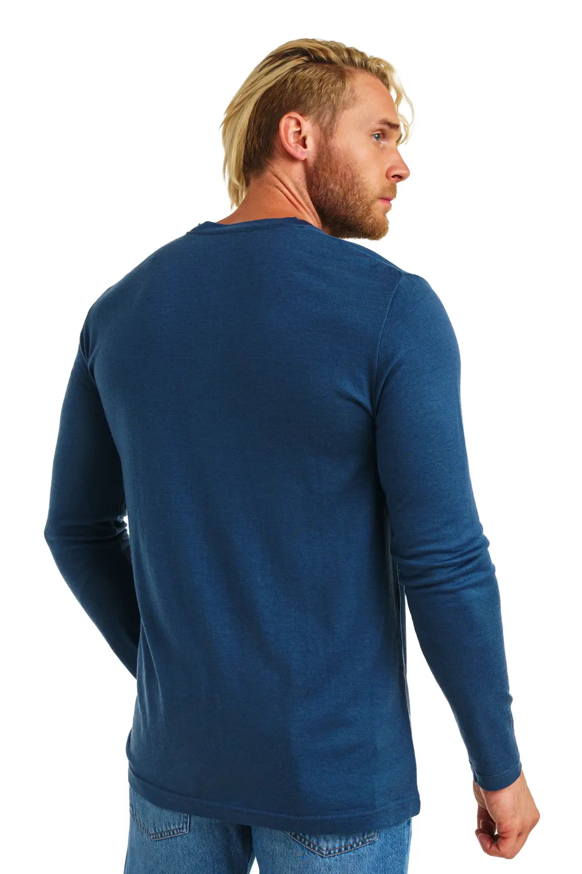 Premium Men's Merino Wool Long Sleeve Shirt - 165 Denim Blue - Soft & Breathable Base Layer for Hiking, Travel & Winter Wear